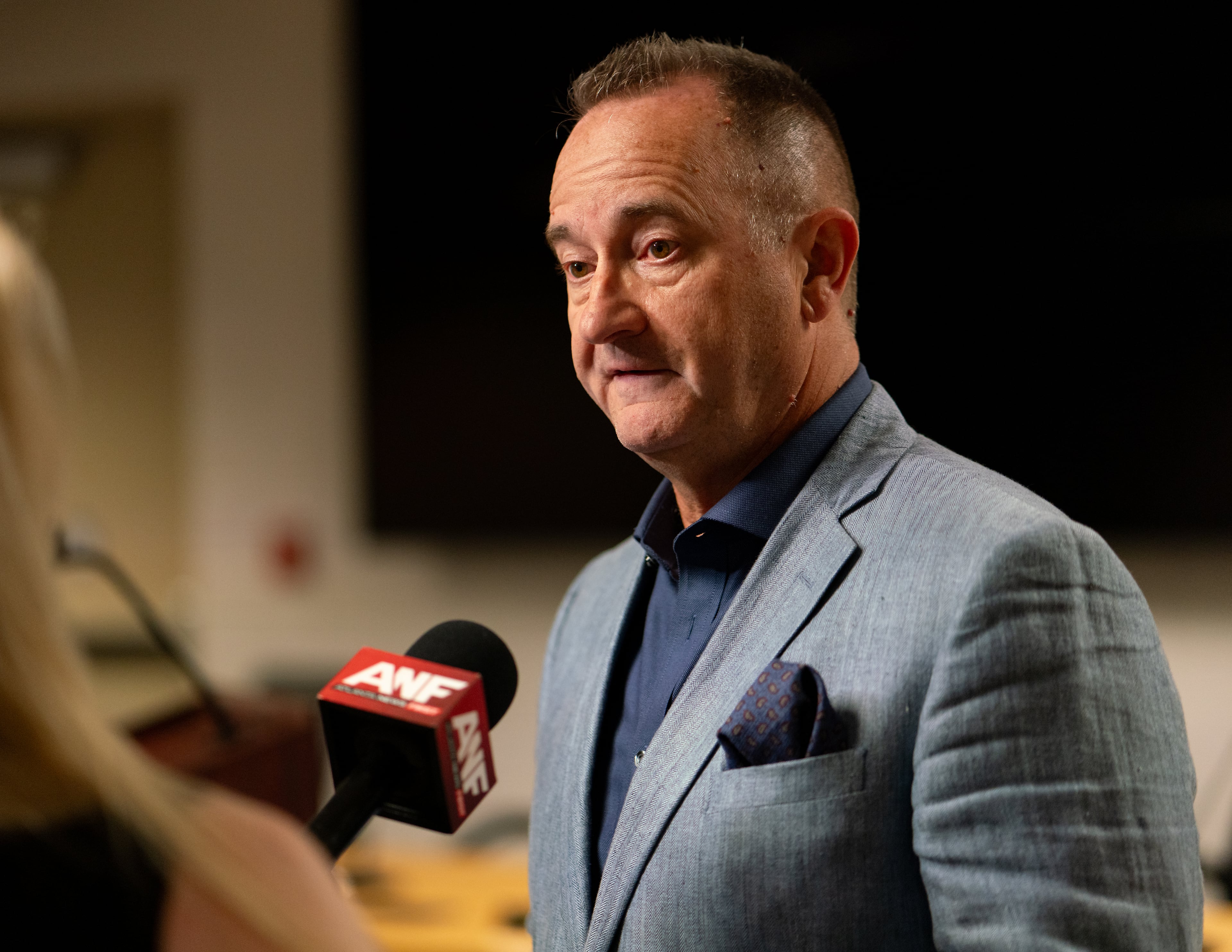 Jeff DeJarnett, chair of the Marietta City Schools Board of Education, answers questions about a cellphone ban.