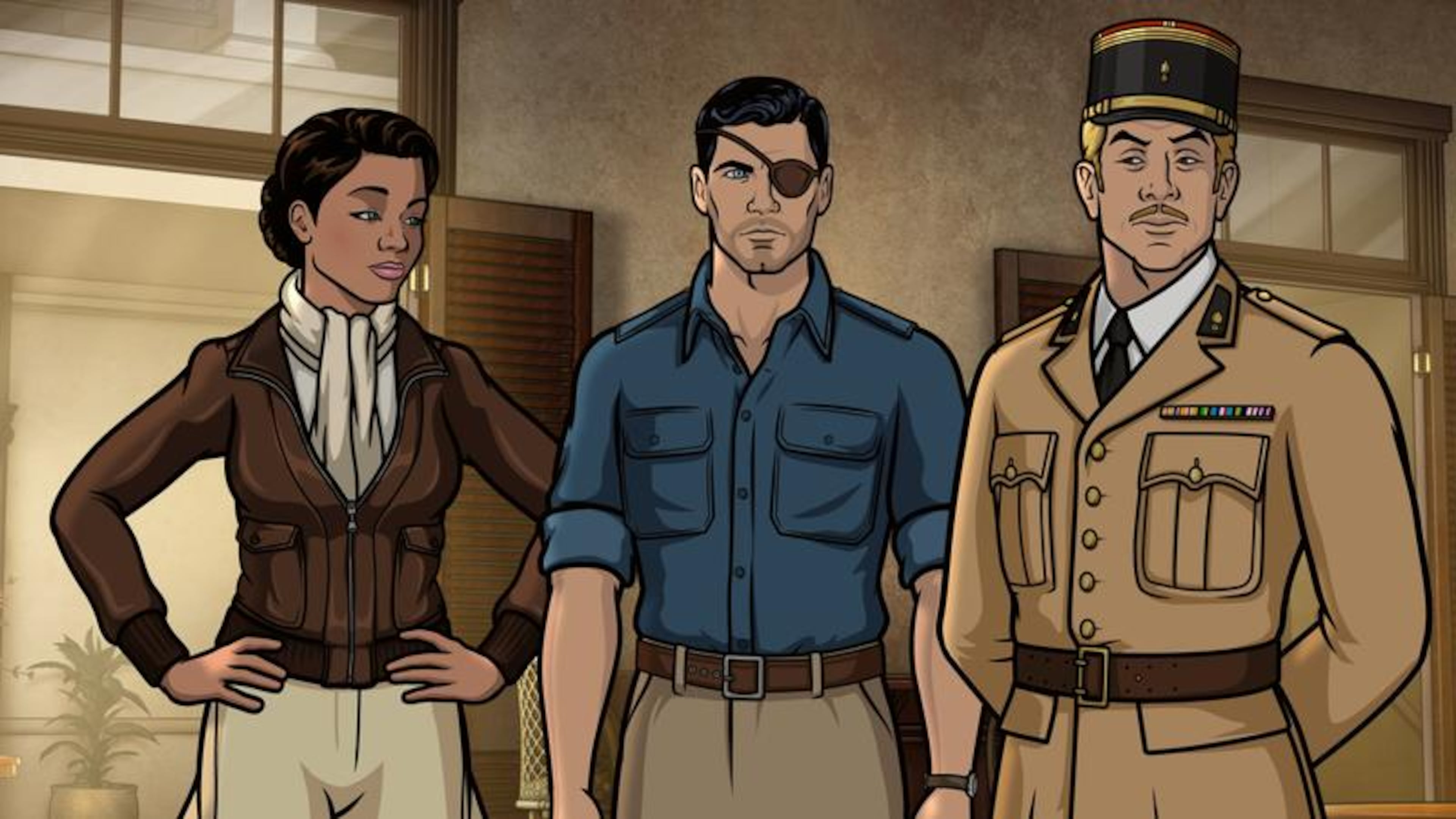 ARCHER -- "Season 9, Episode 1 -- Pictured (l-r): Princess Lanaluakalani (voice of Aisha Tyler), Sterling Archer (voice of H. Jon Benjamin), Reynaud (voice of Adam Reed). CR: FXX