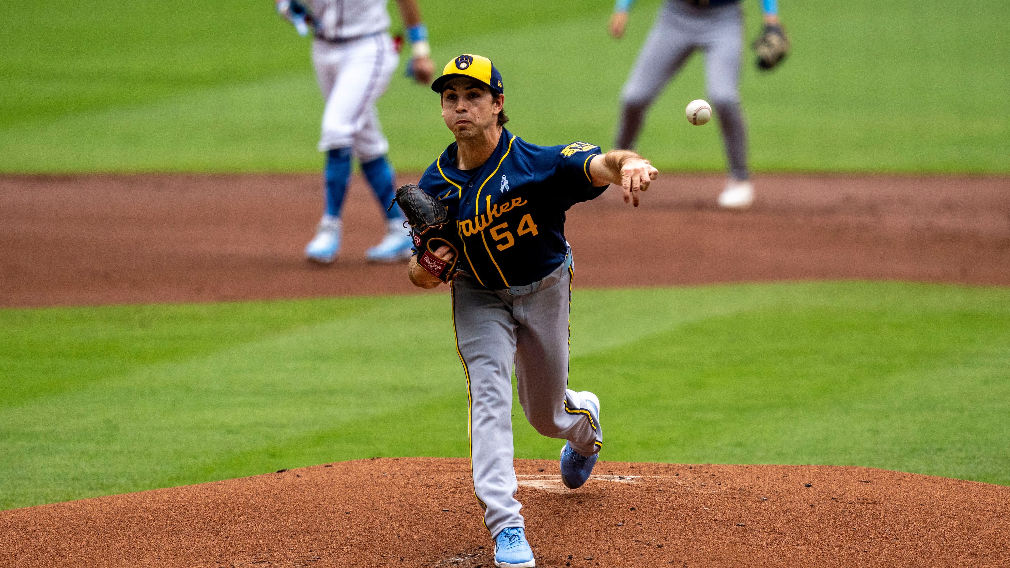 Milwaukee Brewers pitcher Robert Gasser (54) throws during the first inning of a baseball game against the Atlanta Braves, Sunday, June 21, 2026, in Atlanta. (AP Photo/Erik Rank)