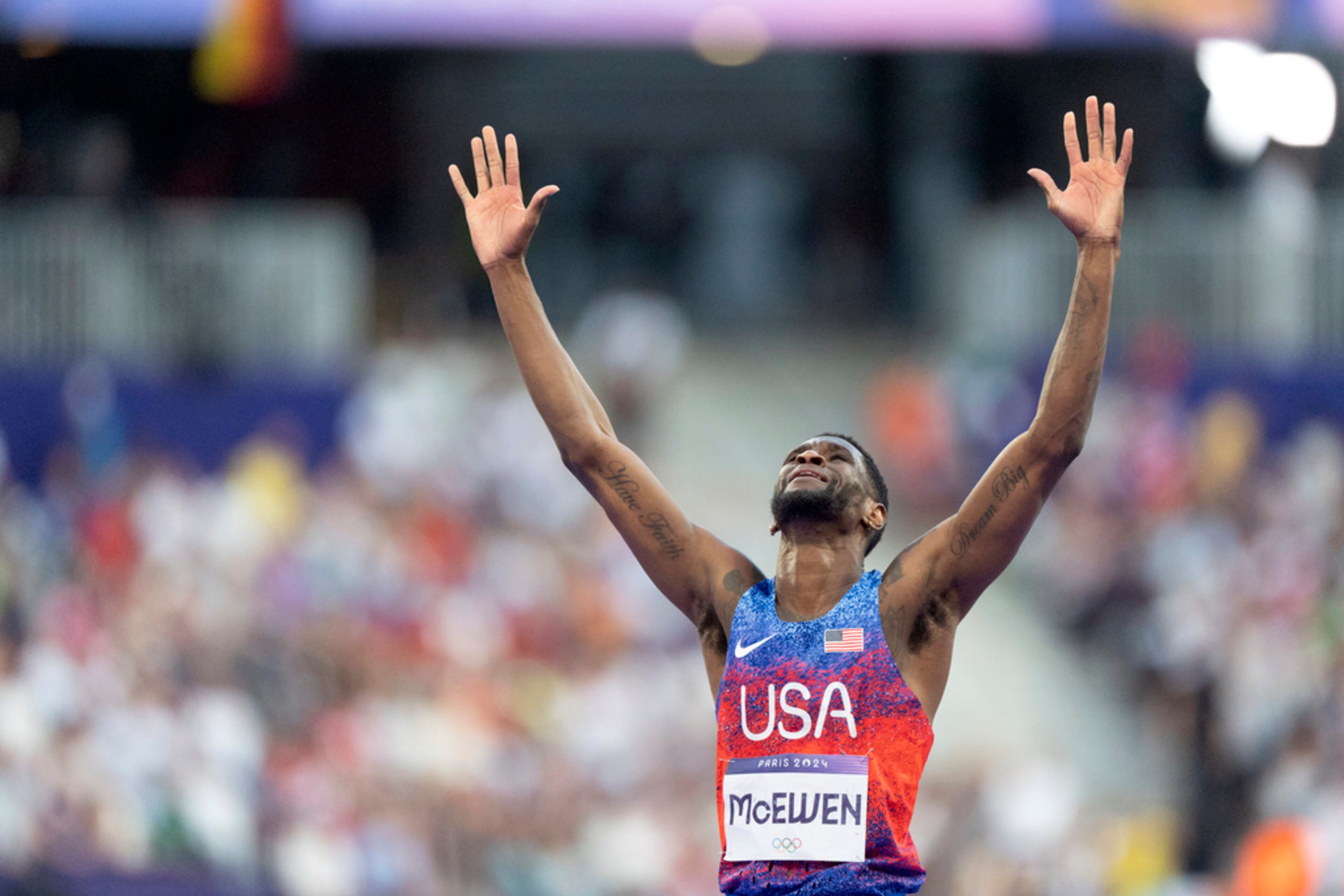 The United States' Shelby McEwen reacts after clearing an attempt in the men's high jump final at the 2024 Summer Olympics, Saturday, Aug. 10, 2024, in Saint-Denis, France. (AP Photo/David Goldman)