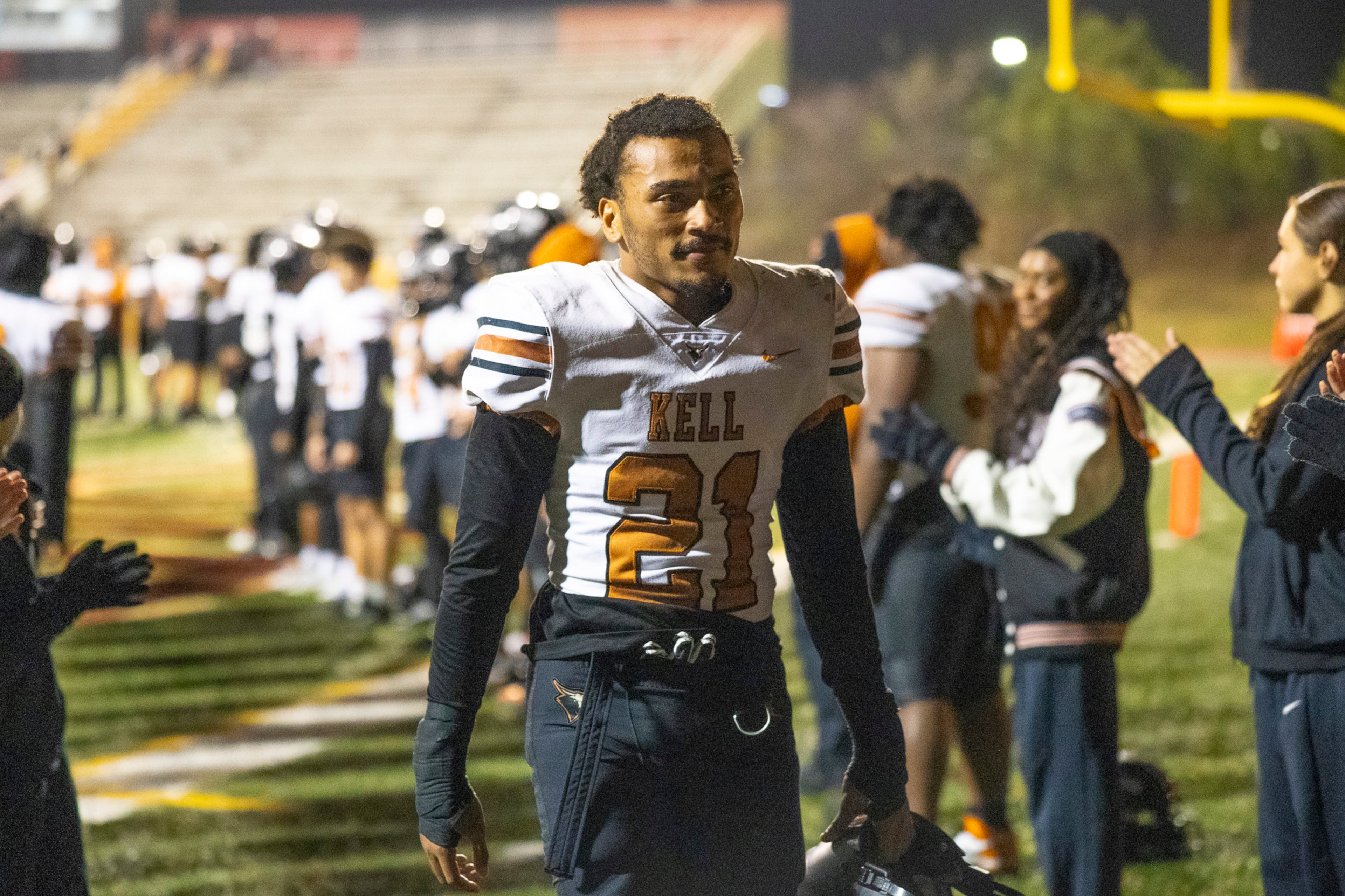 Kell linebacker Jaziah Owens looks on after a hard-fought loss during the Class 4A semifinal against Creekside on Friday, Dec. 5, 2025, at Creekside High School in Fairburn. (Oscar Guevara Saenz for the AJC)