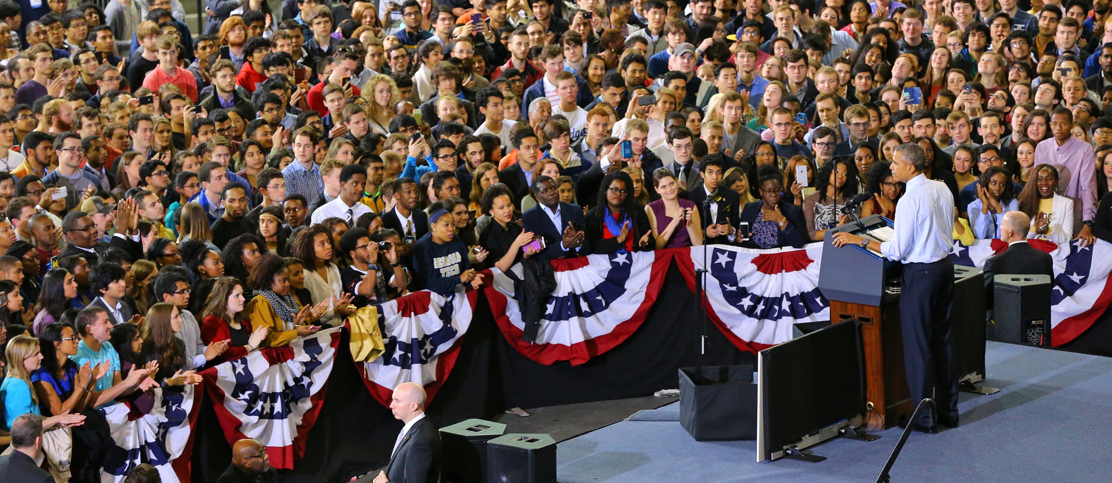President Barack Obama addresses a crowd of mostly students at McCamish Pavillion on college affordability and access to quality higher education at Georgia Tech on Tuesday, March 10, 2015, in Atlanta. Curtis Compton / ccompton@ajc.com