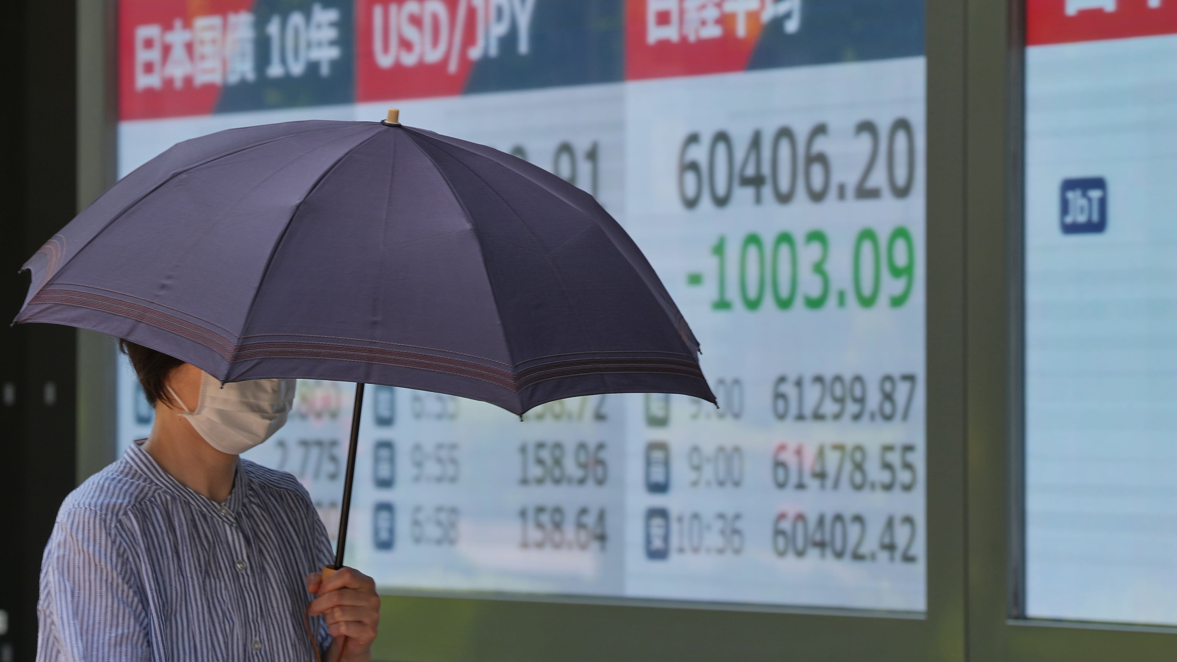 A person walks in front of an electronic stock board showing Japan's Nikkei index at a securities firm Monday, May 18, 2026, in Tokyo. (AP Photo/Eugene Hoshiko)