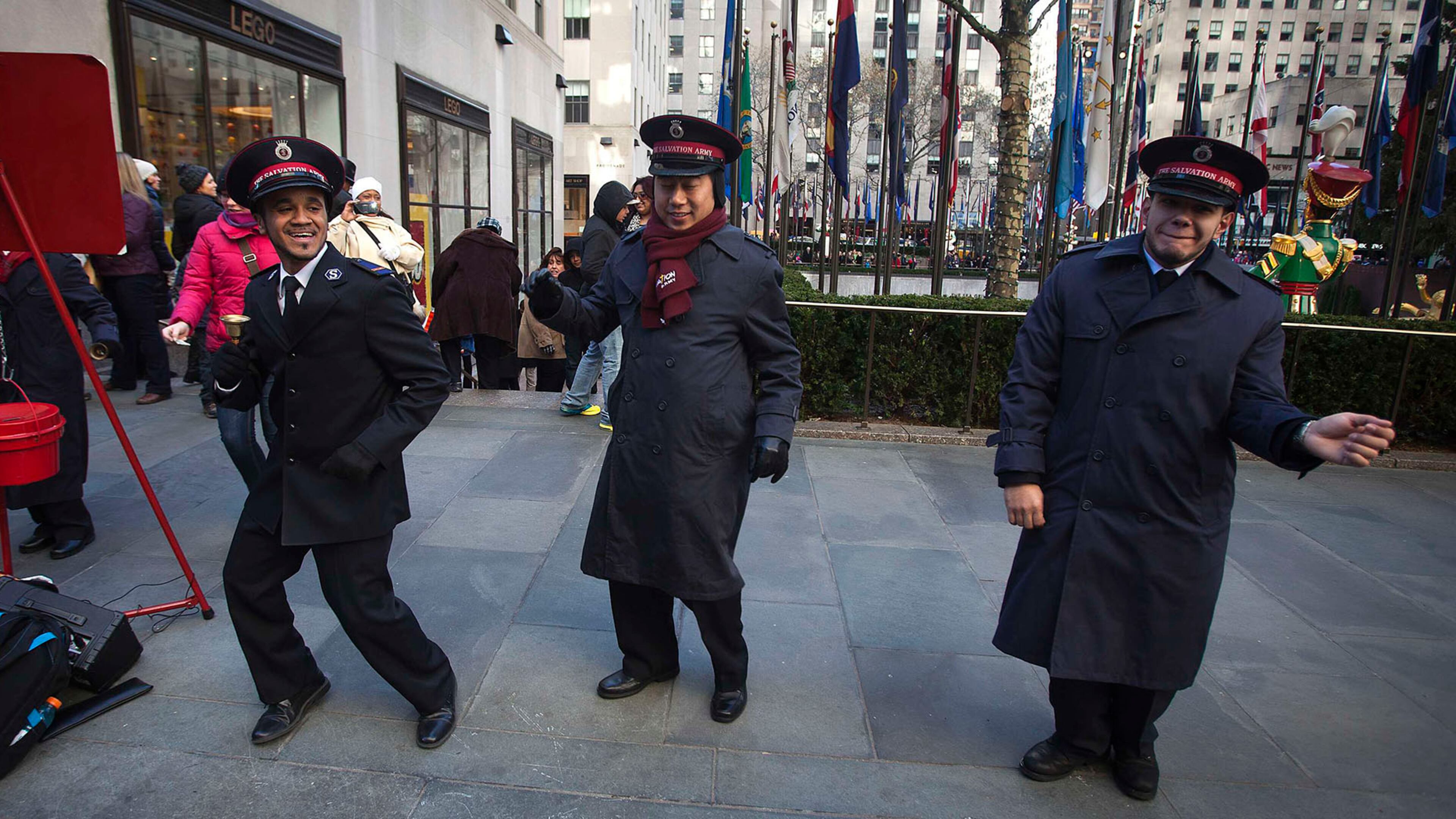 Salvation Army members sing to shoppers at Rockefeller Center in New York.