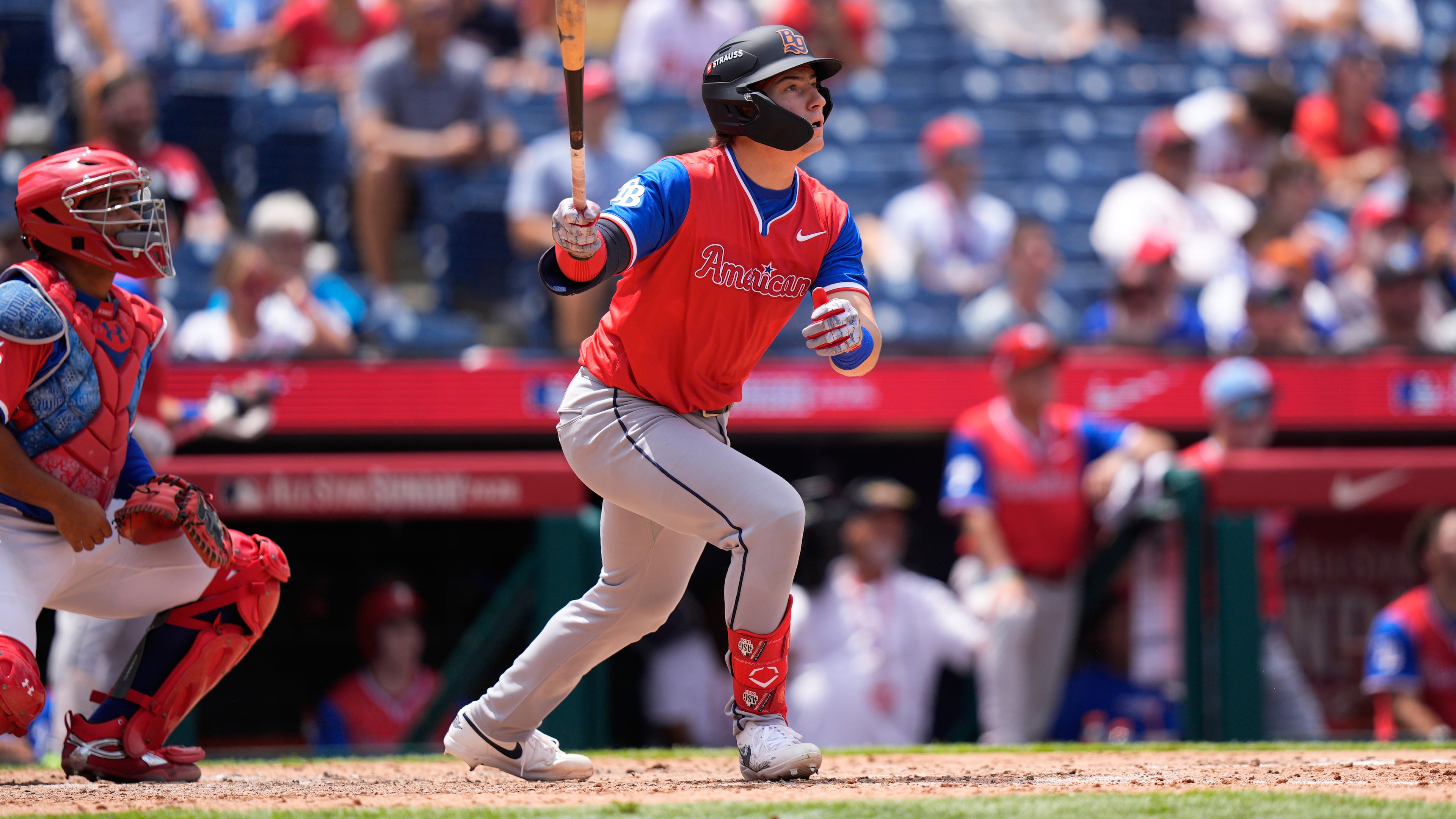 American League's Nathan Flewelling reacts to his two-run home run against National League pitcher Wen-Hui Pan in the sixth inning during the MLB All-Star Futures baseball game Sunday, July 12, 2026, in Philadelphia. (AP Photo/Chris Szagola)