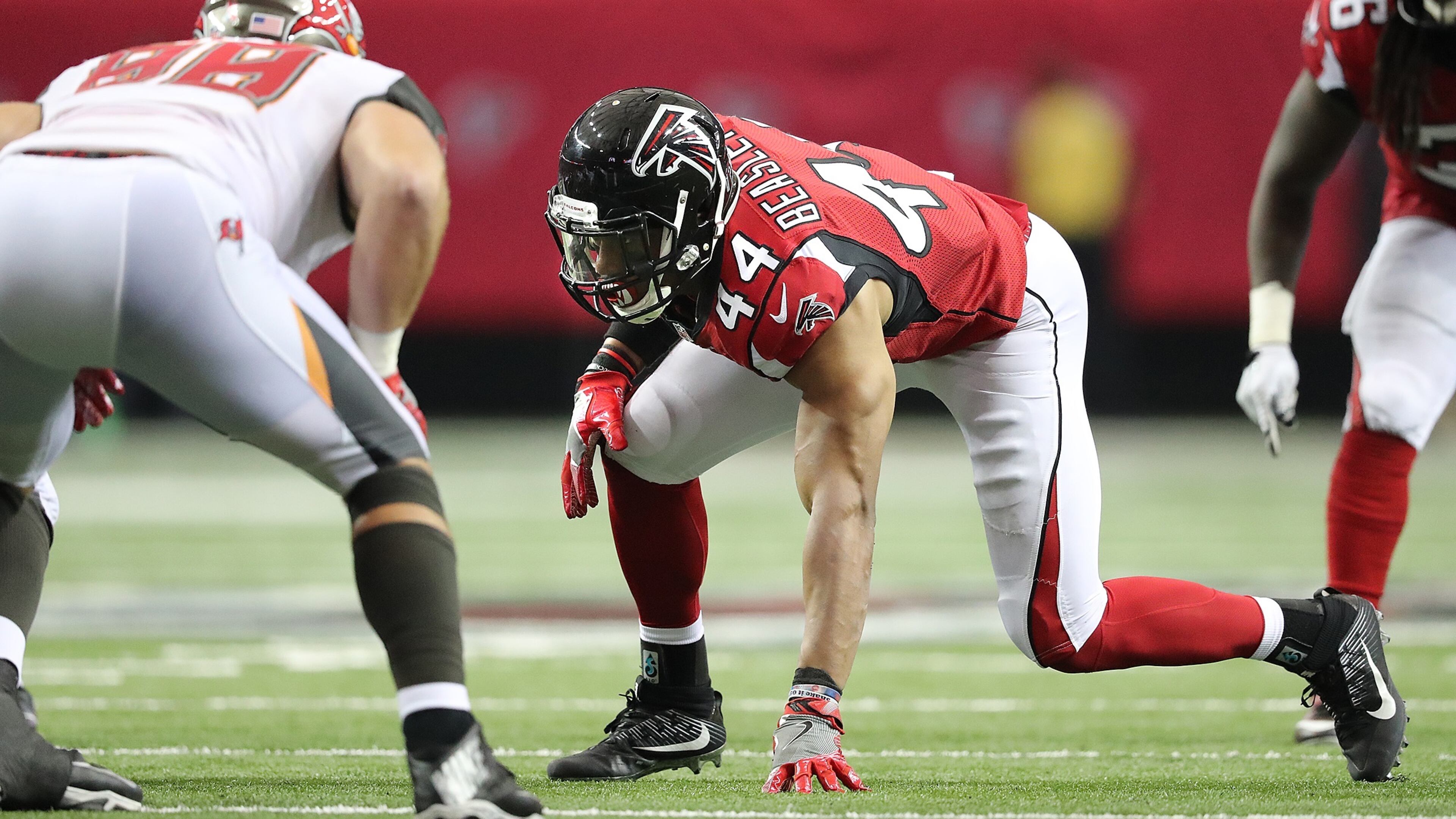 September 11, 2016 ATLANTA: Falcons Vic Beasley Jr., who did not have a stat on the sheet from the game, lines up to rush in the second half against the Buccaneers in an NFL football game on Sunday, Sept. 11, 2016, in Atlanta. Curtis Compton /ccompton@ajc.com