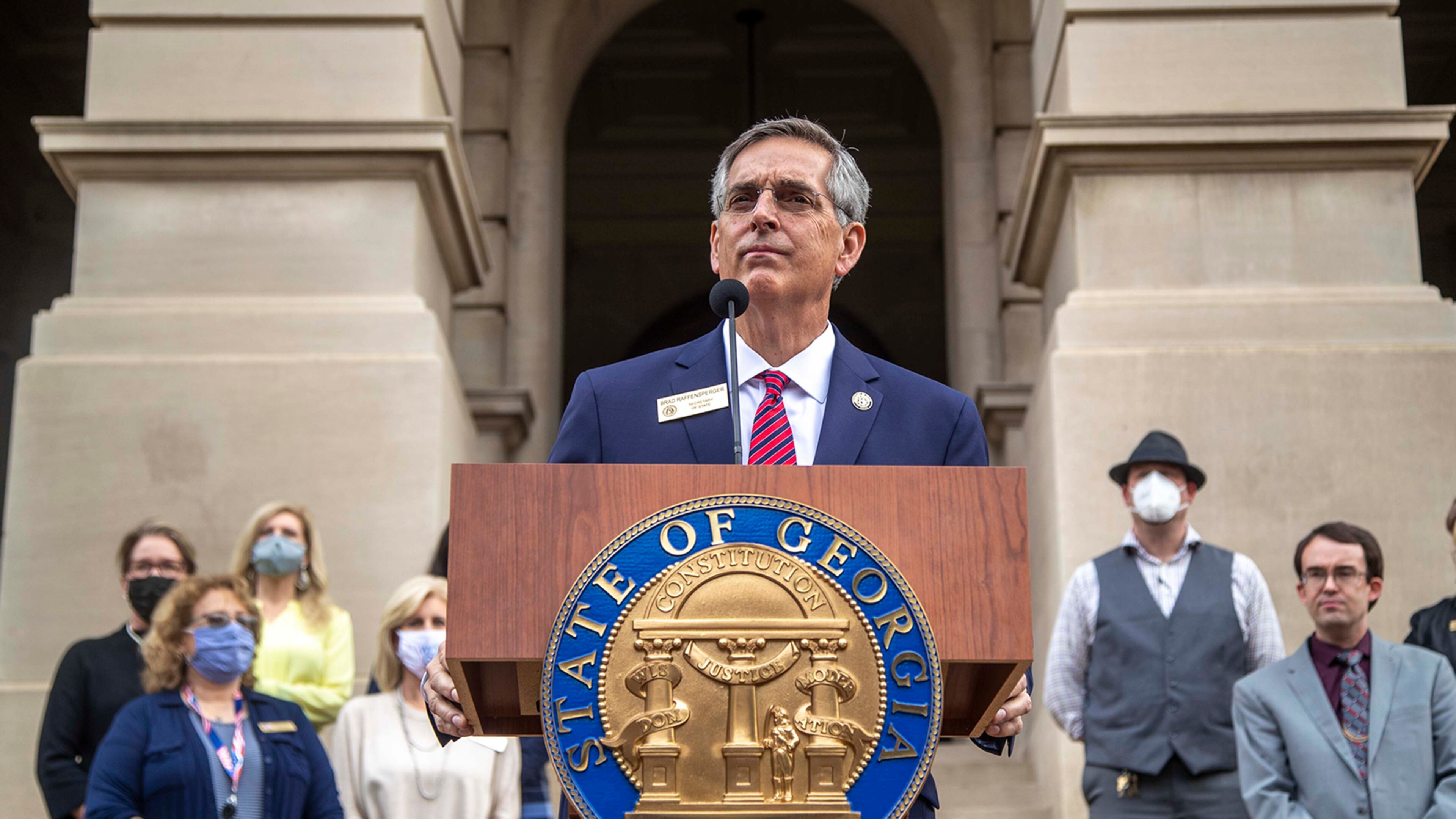 Georgia Secretary of State Brad Raffensperger announces the start of a hand recount of the Nov. 3 presidential election during a briefing outside of the Georgia State Capitol building in Atlanta on Nov. 11, 2020. (Alyssa Pointer/Atlanta Journal-Constitution/TNS)