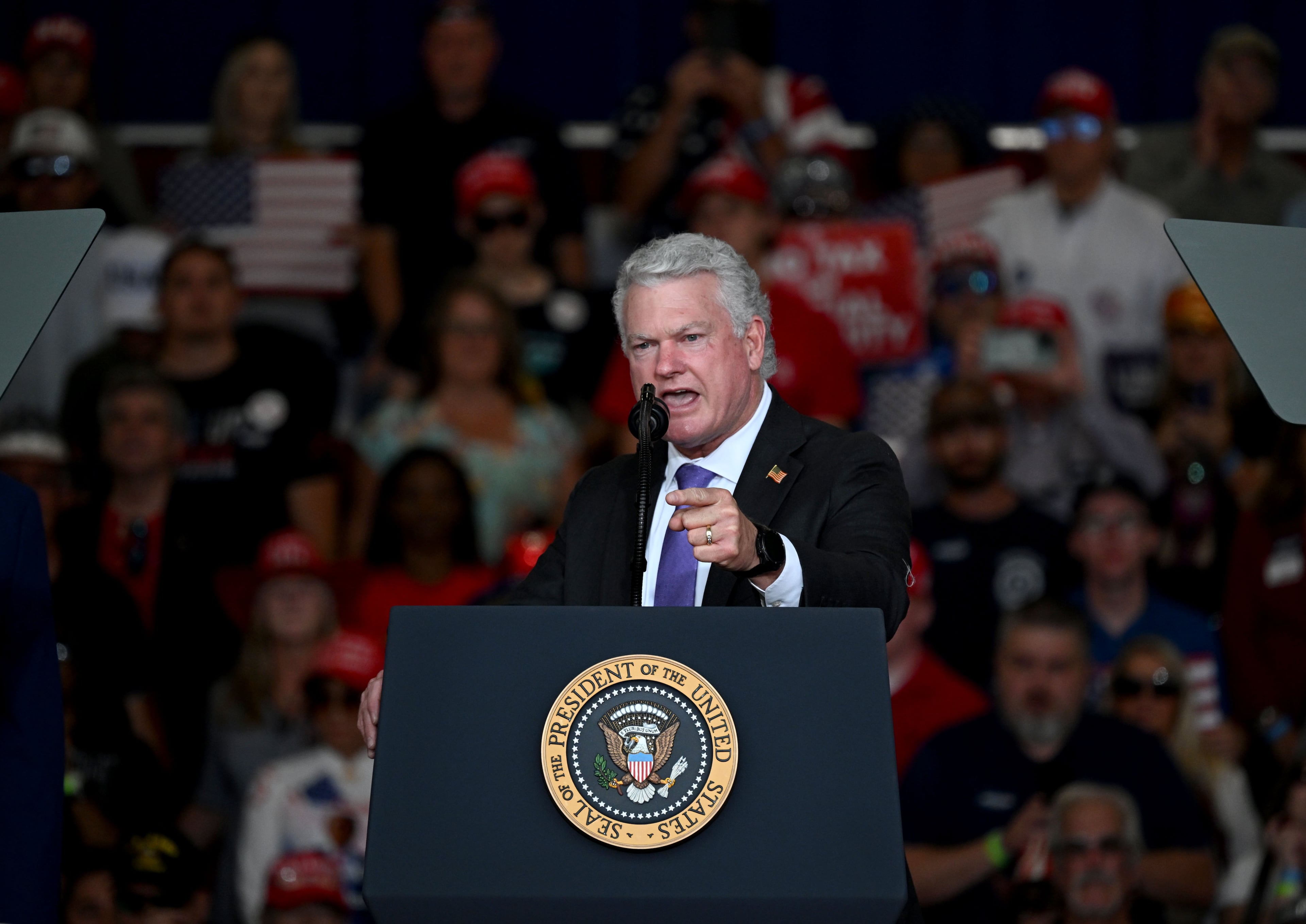 U.S. Rep. Mike Collins speaks during a campaign rally at Dalton Municipal Airport on Friday, Oct. 16, 2026, in Dalton. (Hyosub Shin/AJC)