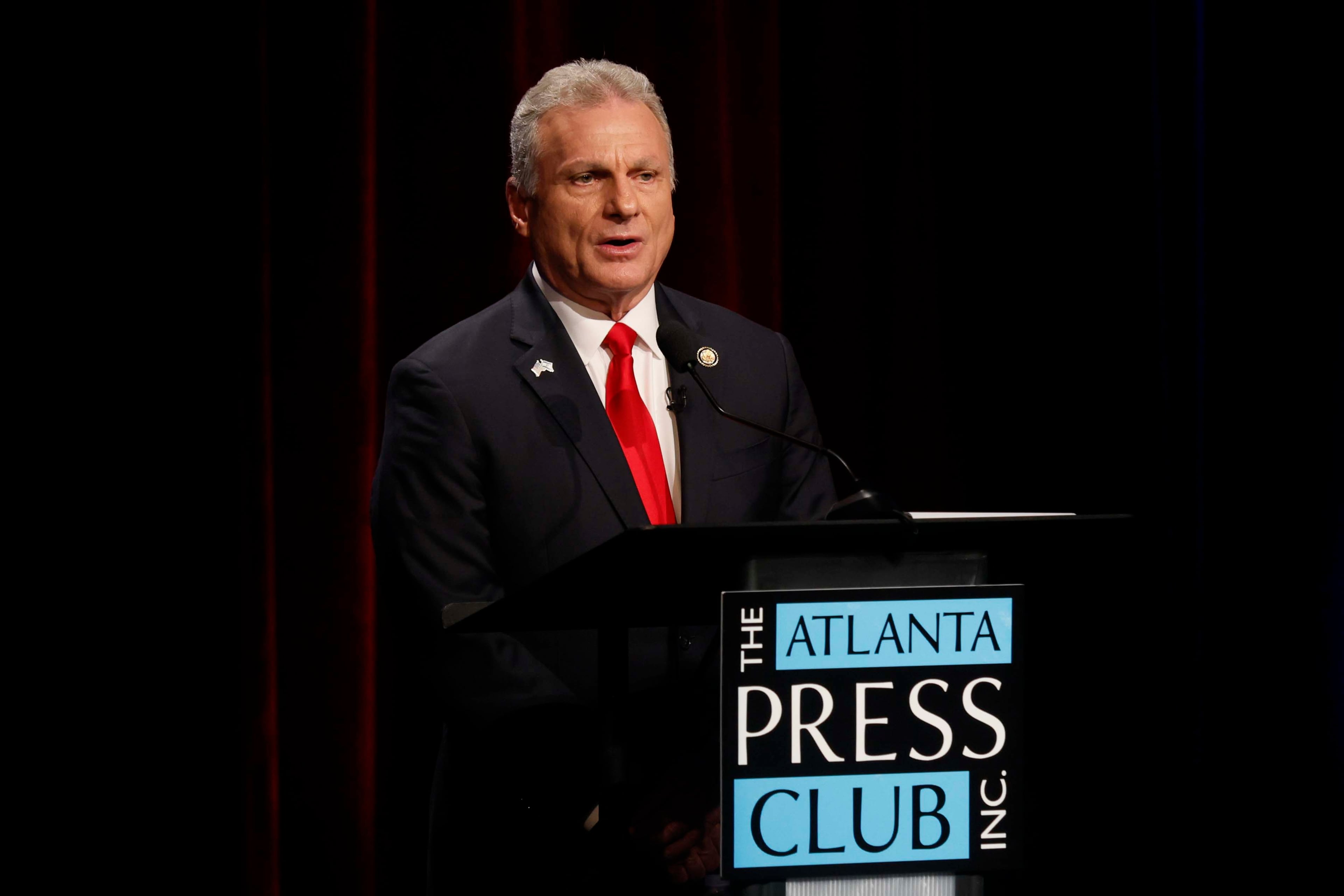 U.S. Rep. Buddy Carter, R-St. Simons Island answers a question during the Atlanta Press Club Loudermilk-Young debate for the U.S. Senate at Georgia Public Broadcasting in Midtown on Sunday, April 26, 2026. (Miguel Martinez/AJC)