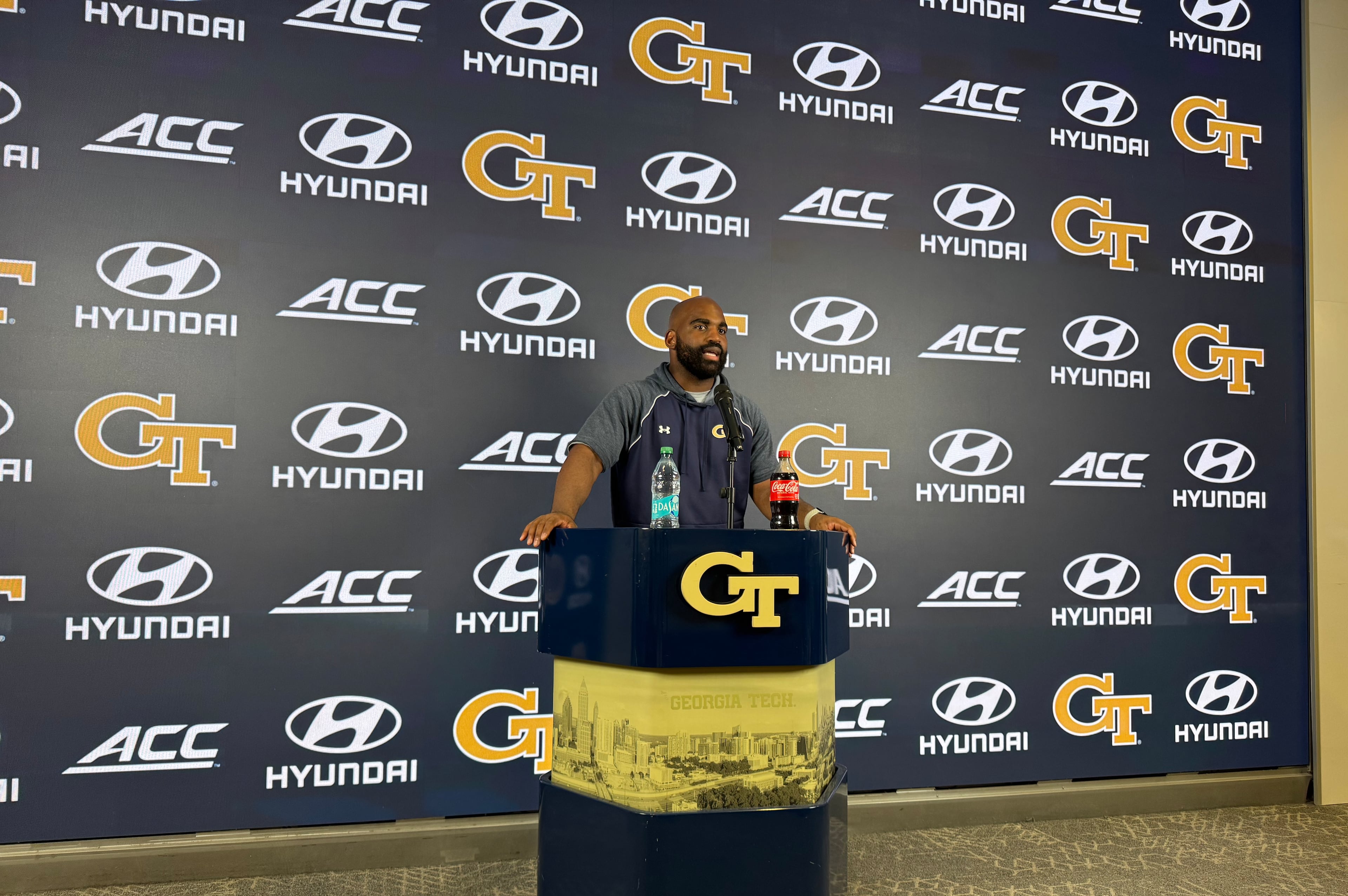 Georgia Tech football news conference with defensive ends/outside linebackers coach Kyle Pope.