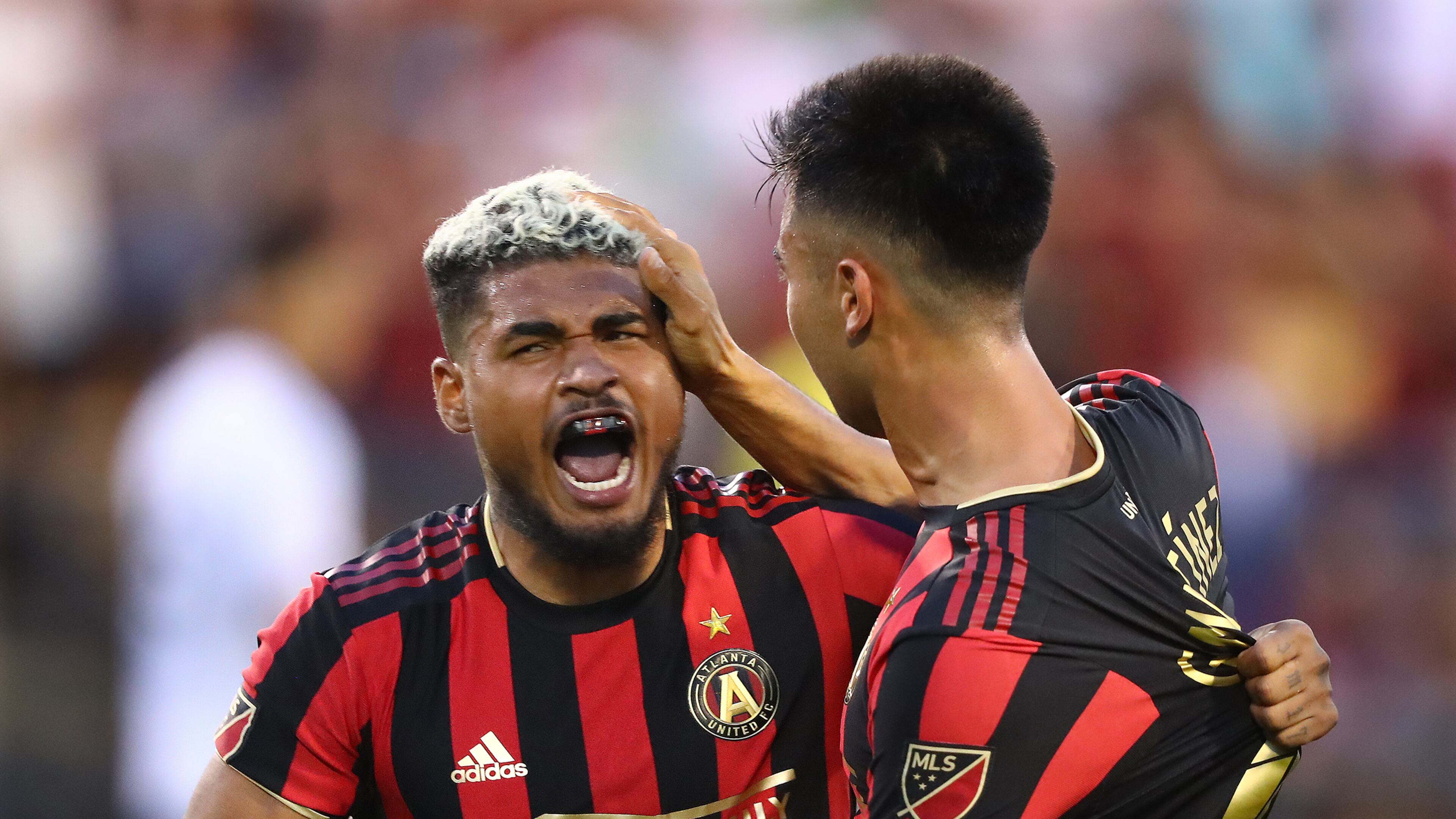 July 10, 2019 Kennesaw: Atlanta United forward Josef Martinez celebrates with Gonzalo Martinez after Martinez scored a goal against St. Louis for a 1-0 lead in their U.S. Open Cup quarterfinals soccer match on Wednesday, July 10, 2019, in Kennesaw. Josef Martinez scored a goal later in stoppage for a 2-0 victory over St. Louis. Curtis Compton/ccompton@ajc.com