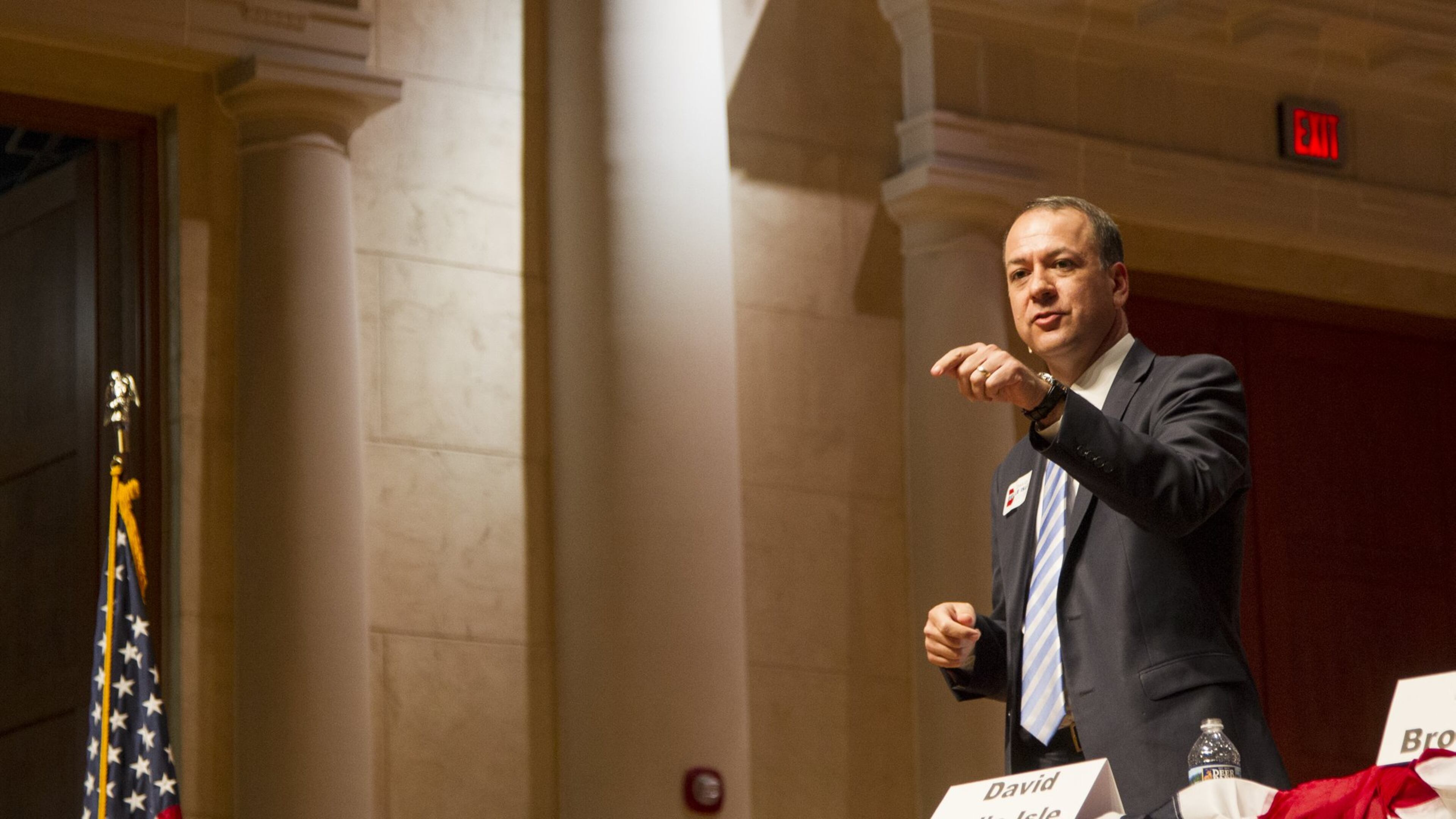 Former Alpharetta Mayor David Belle Isle speaks in April during a Georgia secretary of state debate at Lassiter High School in Marietta. (REANN HUBER/REANN.HUBER@AJC.COM)