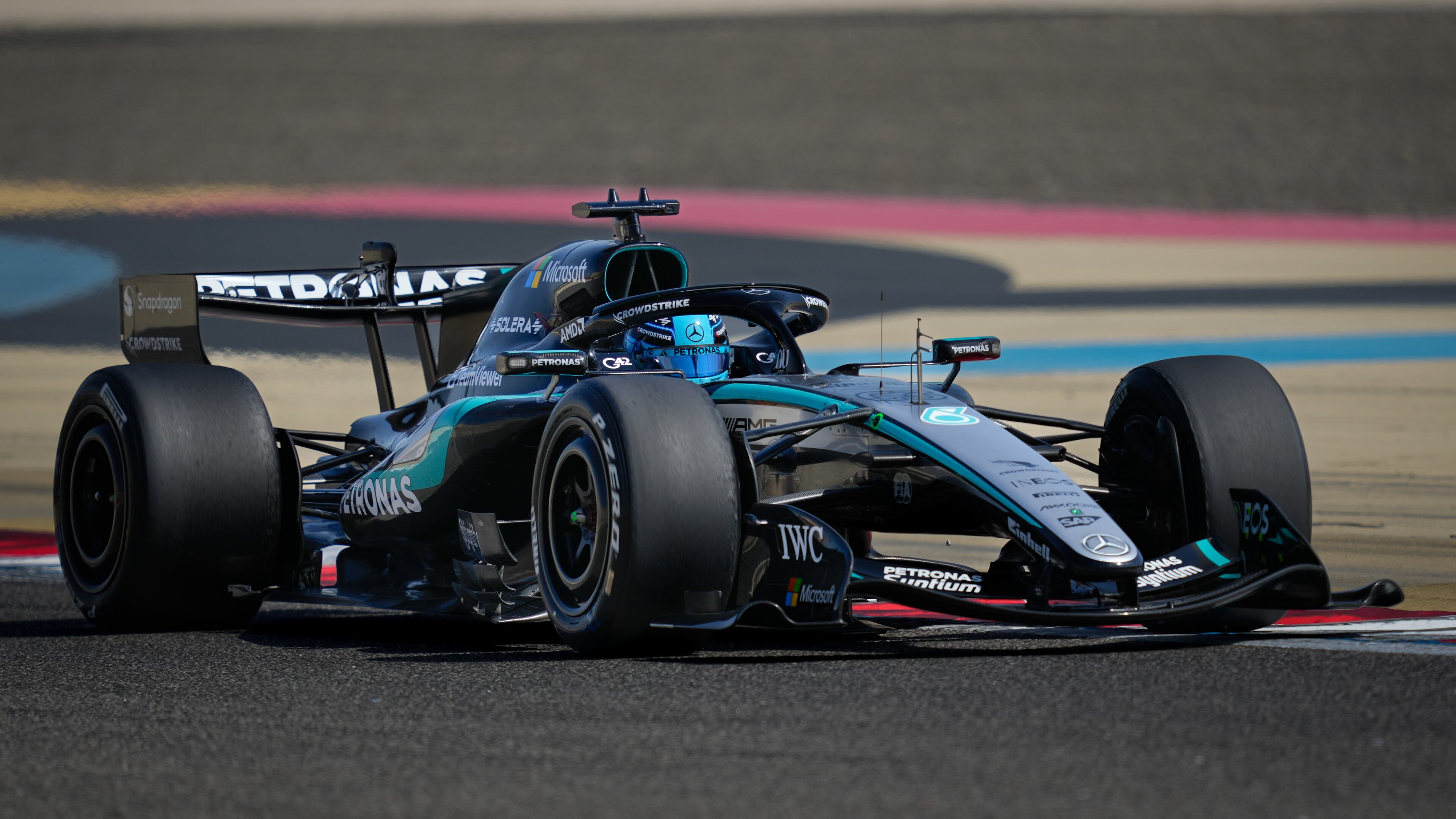 Mercedes driver George Russell of Britain on the third day of Formula One pre-season test at the Bahrain International Circuit in Sakhir, Bahrain, Friday, Feb. 13, 2026. (AP Photo/Altaf Qadri)