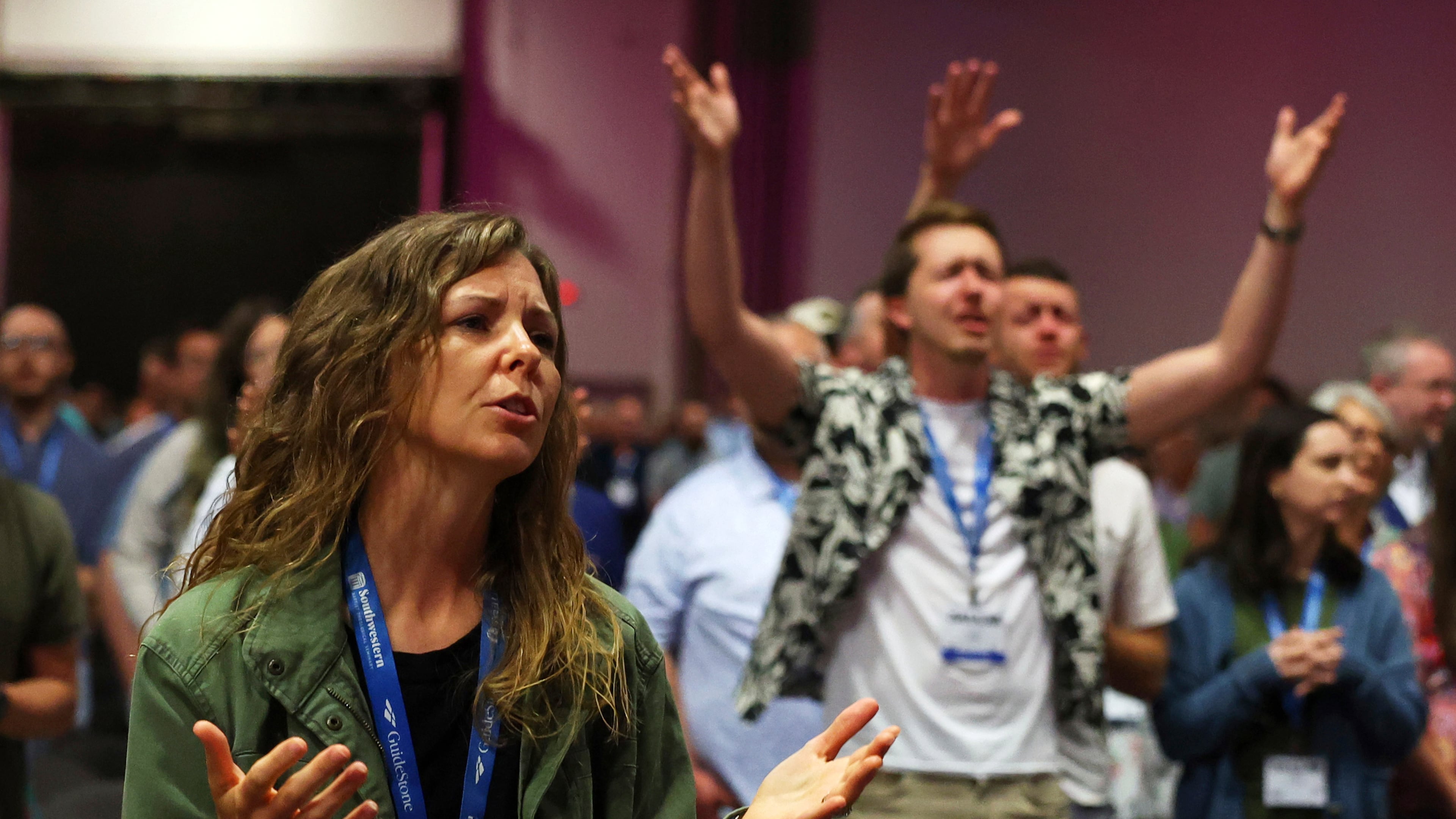 FILE - Messengers attending the Southern Baptist Convention participate in worship during the 2025 SBC Annual Meeting, June 10, 2025, in Dallas. (AP Photo/Richard W. Rodriguez, File)