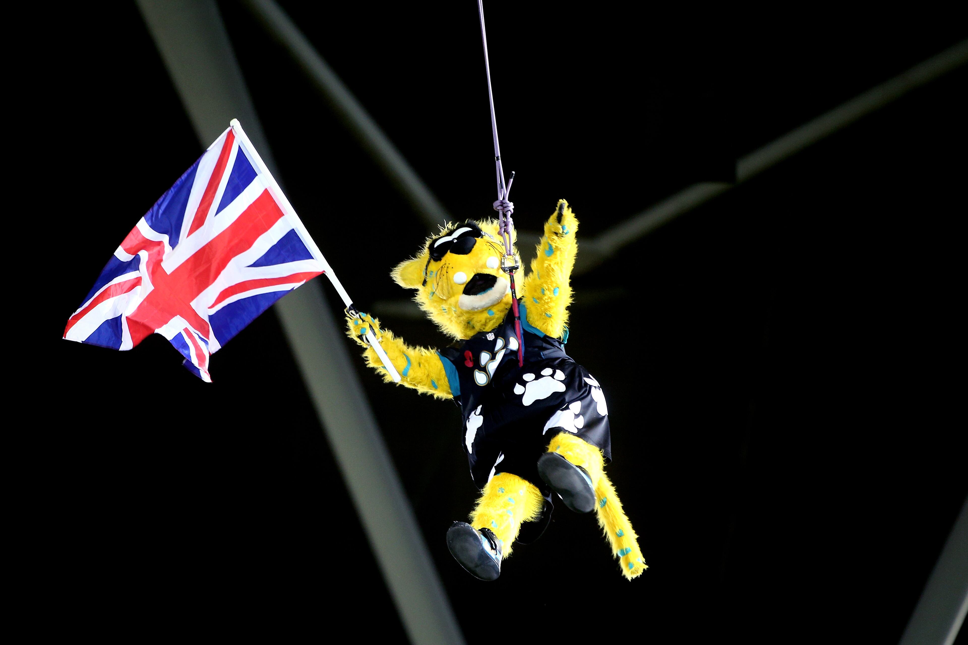 LONDON, ENGLAND - NOVEMBER 09: Jaxson de Ville the mascot of the Jacksonville Jaguars abseils into the stadium during the NFL week 10 match between the Jackson Jaguars and the Dallas Cowboys at Wembley Stadium on November 9, 2014 in London, England. (Photo by Charlie Crowhurst/Getty Images)