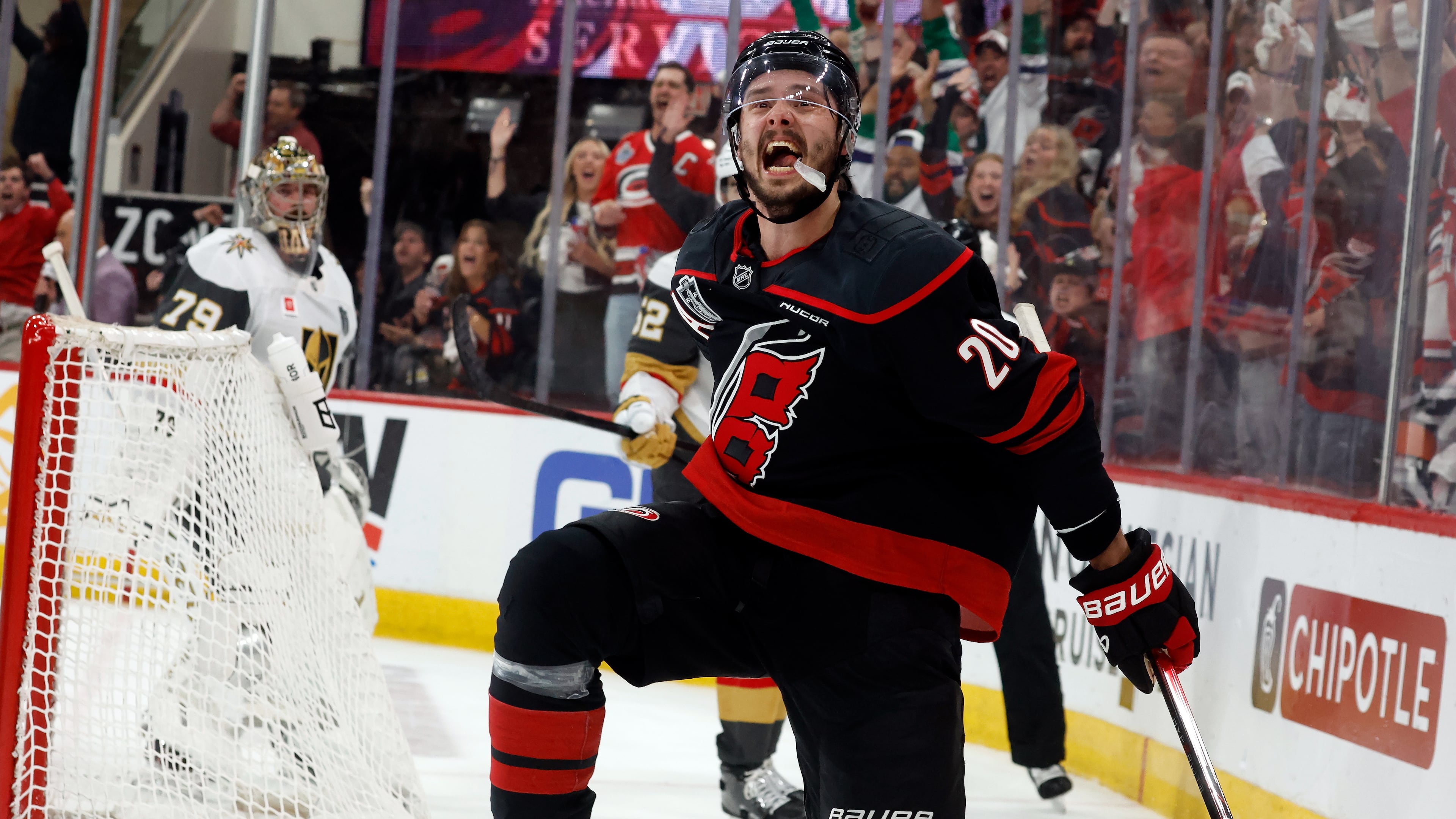 Carolina Hurricanes' Sebastian Aho (20) celebrates after his goal during the second period in Game 5 of the NHL hockey Stanley Cup Final series against the Vegas Golden Knights in Raleigh, N.C., Thursday, June 11, 2026. (AP Photo/Karl DeBlaker)