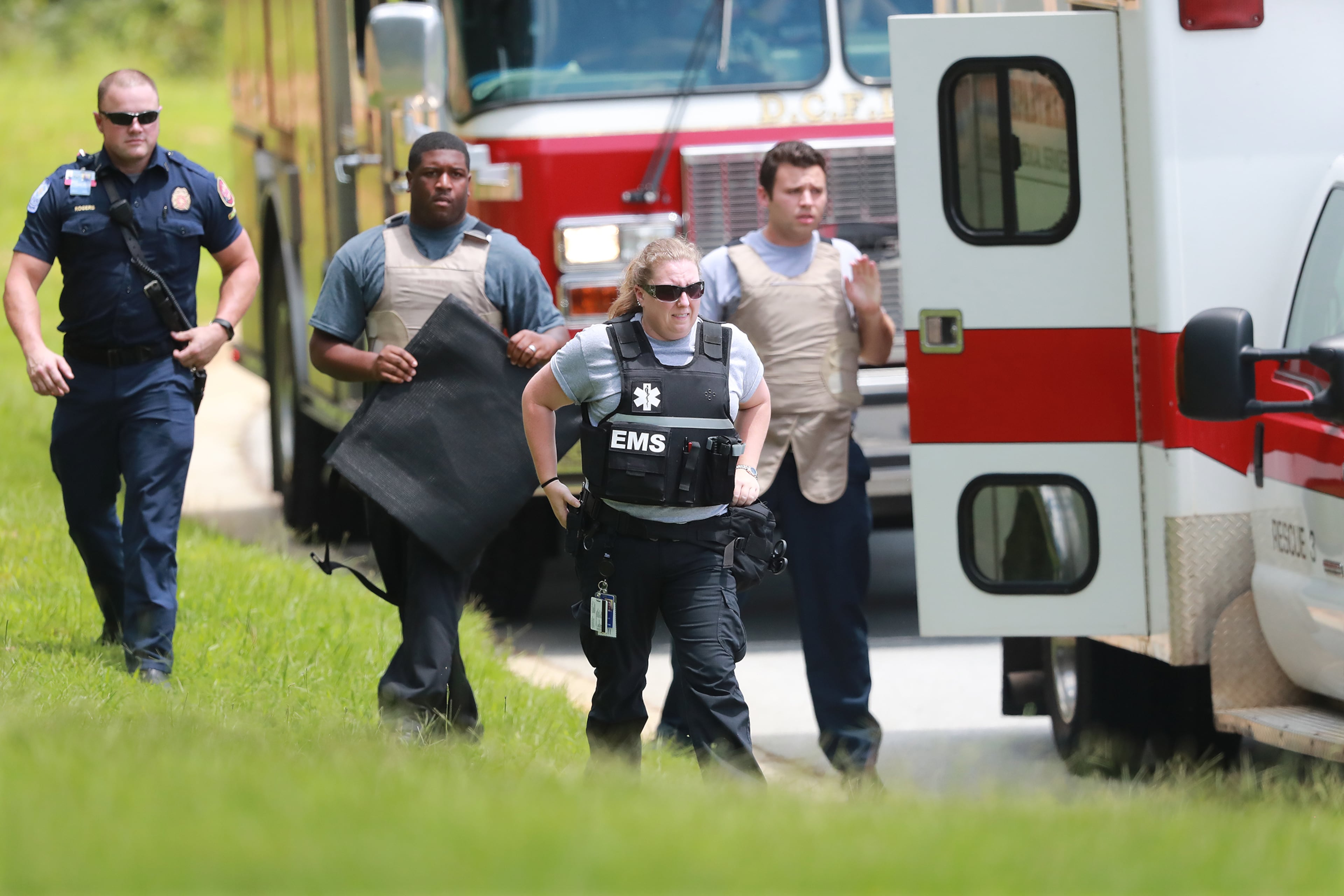 Winston: EMS personnel arrive on the scene during an active shooter training exercise held by the Douglas County Sheriff's Office at Mason Creek Middle School on Wednesday, July 25, 2018, in Winston. The large-scale training drill is meant to test the resources of area law enforcement and emergency responders in an effort to better prepare Douglas County First Responders in the event of a mass casualty active shooter event. Curtis Compton/ccompton@ajc.com