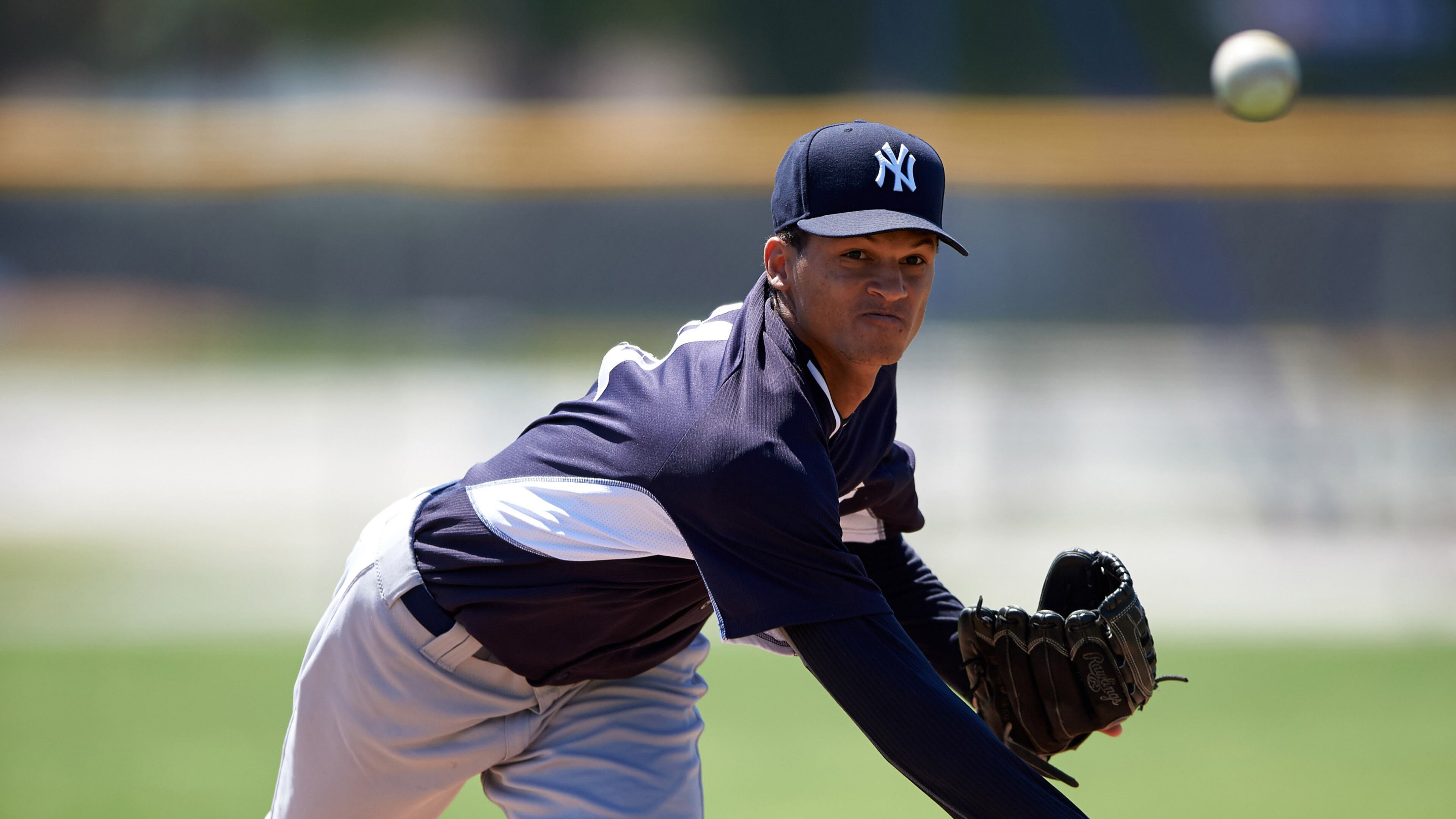 New York Yankees Anyelo Gomez (31) during a minor league Spring Training game against the Toronto Blue Jays on March 22, 2016 at Englebert Complex in Dunedin, Florida. (Mike Janes/Four Seam Images via AP)