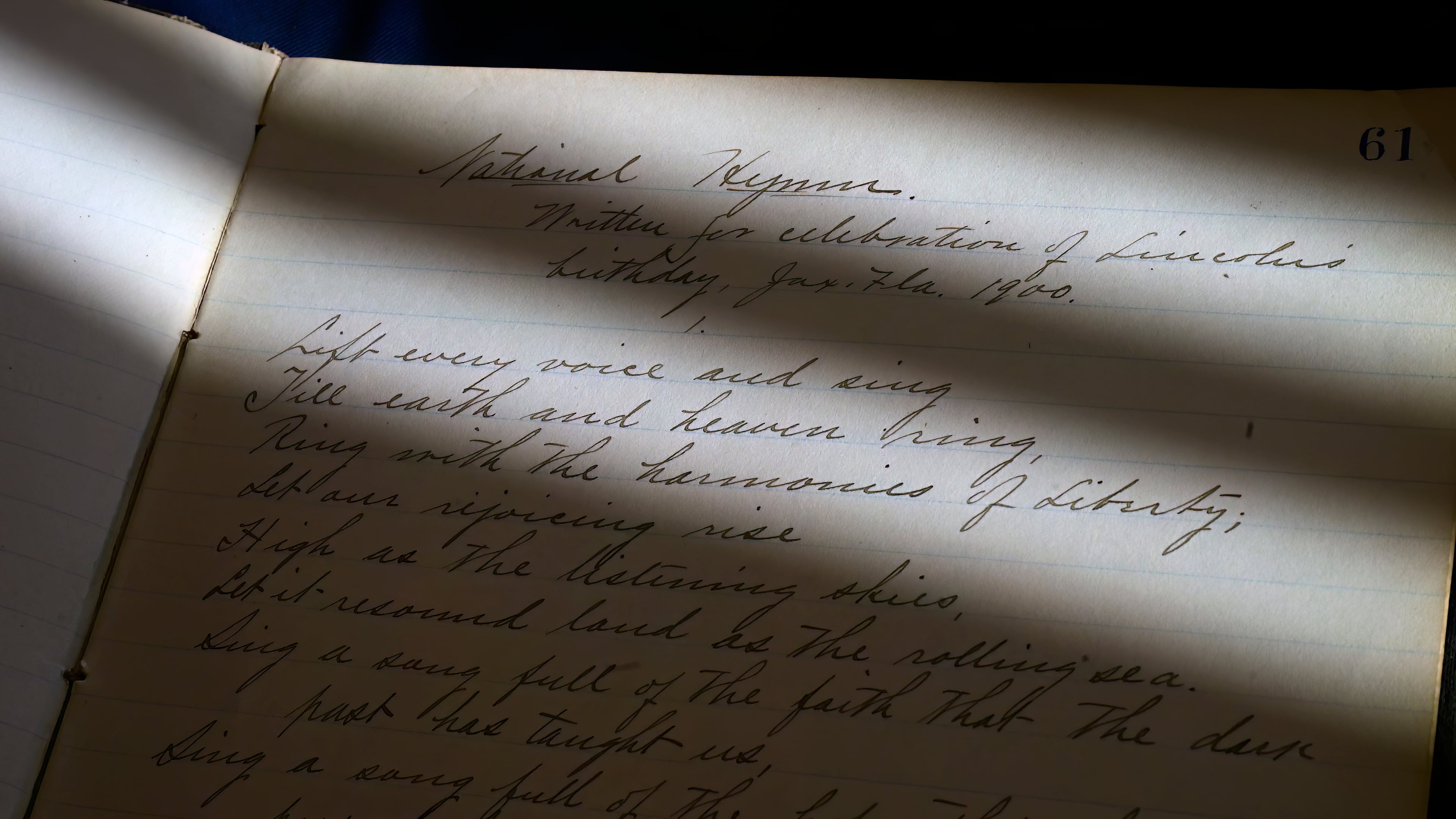 The handwritten manuscript for "Lift Ev'ry Voice and Sing," originally titled "National Hymn," by James Weldon Johnson is displayed at Yale University's Beinecke Rare Book & Manuscript Library on Thursday, Oct. 15, 2026, in New Haven, Conn. (AP Photo/Jessica Hill)