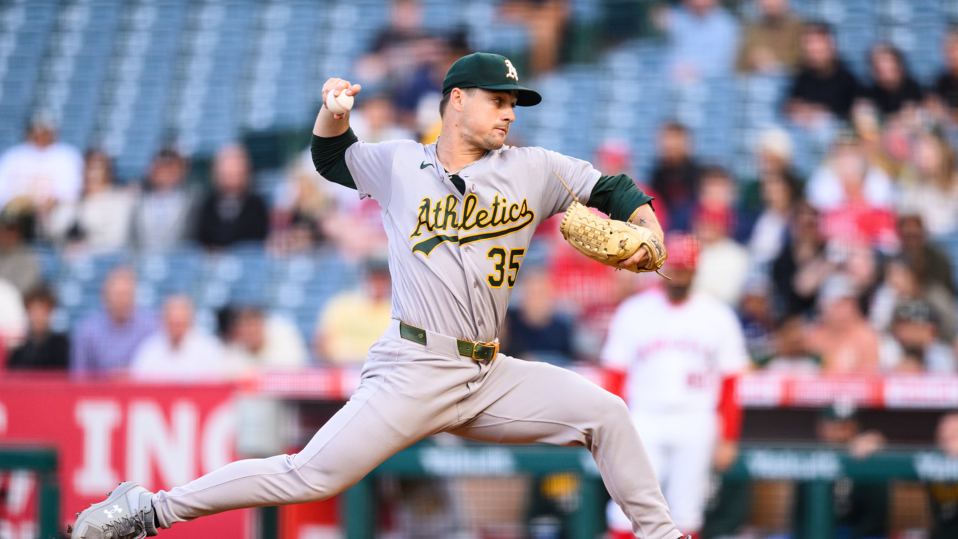 Athletics pitcher J.T. Ginn delivers during the first inning of a baseball game against the Los Angeles Angels, Monday, May 18, 2026, in Anaheim, Calif. (AP Photo/William Liang)