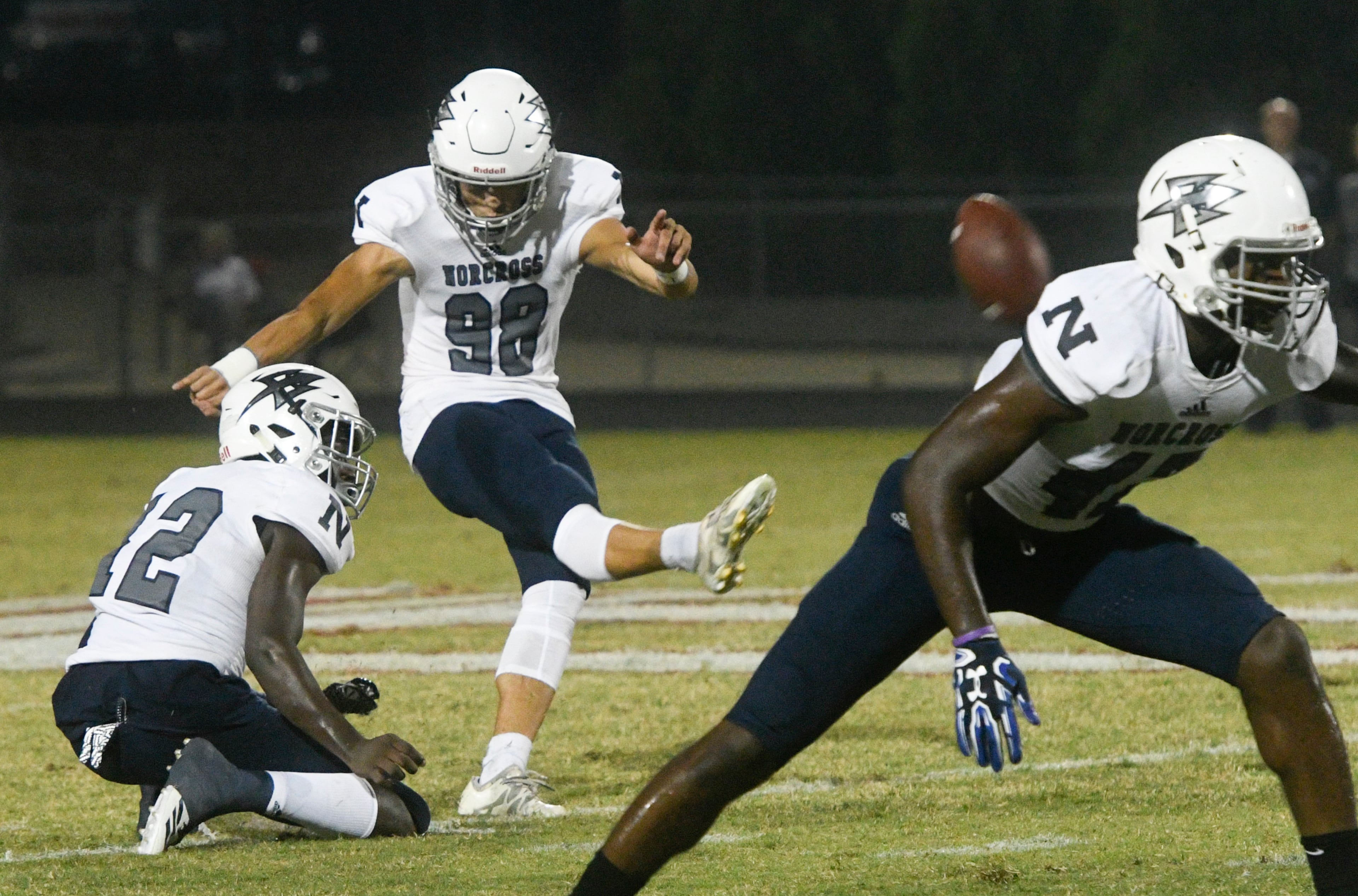 Norcross kicker Jake Camarda (98) puts the first points on the scoreboard during a high school football game against Archer, Friday, Sept. 15, 2017, in Lawrenceville. (Special/John Amis)
