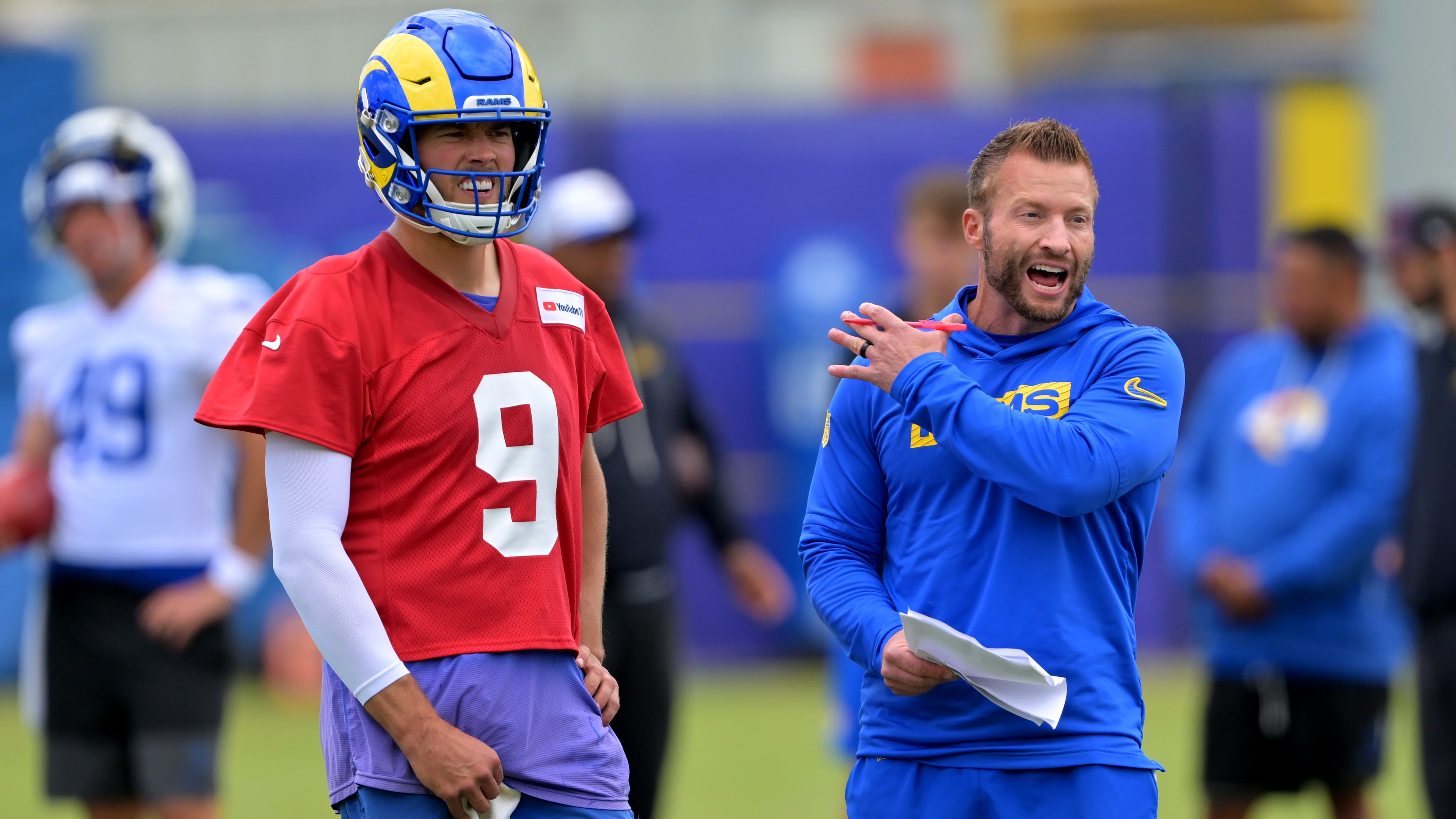Los Angeles Rams quarterback Matthew Stafford and head coach Sean McVay discuss a play during the NFL football team's practice Thursday, May 28, 2026, in Los Angeles. (Jayne Kamin-Oncea/AP)