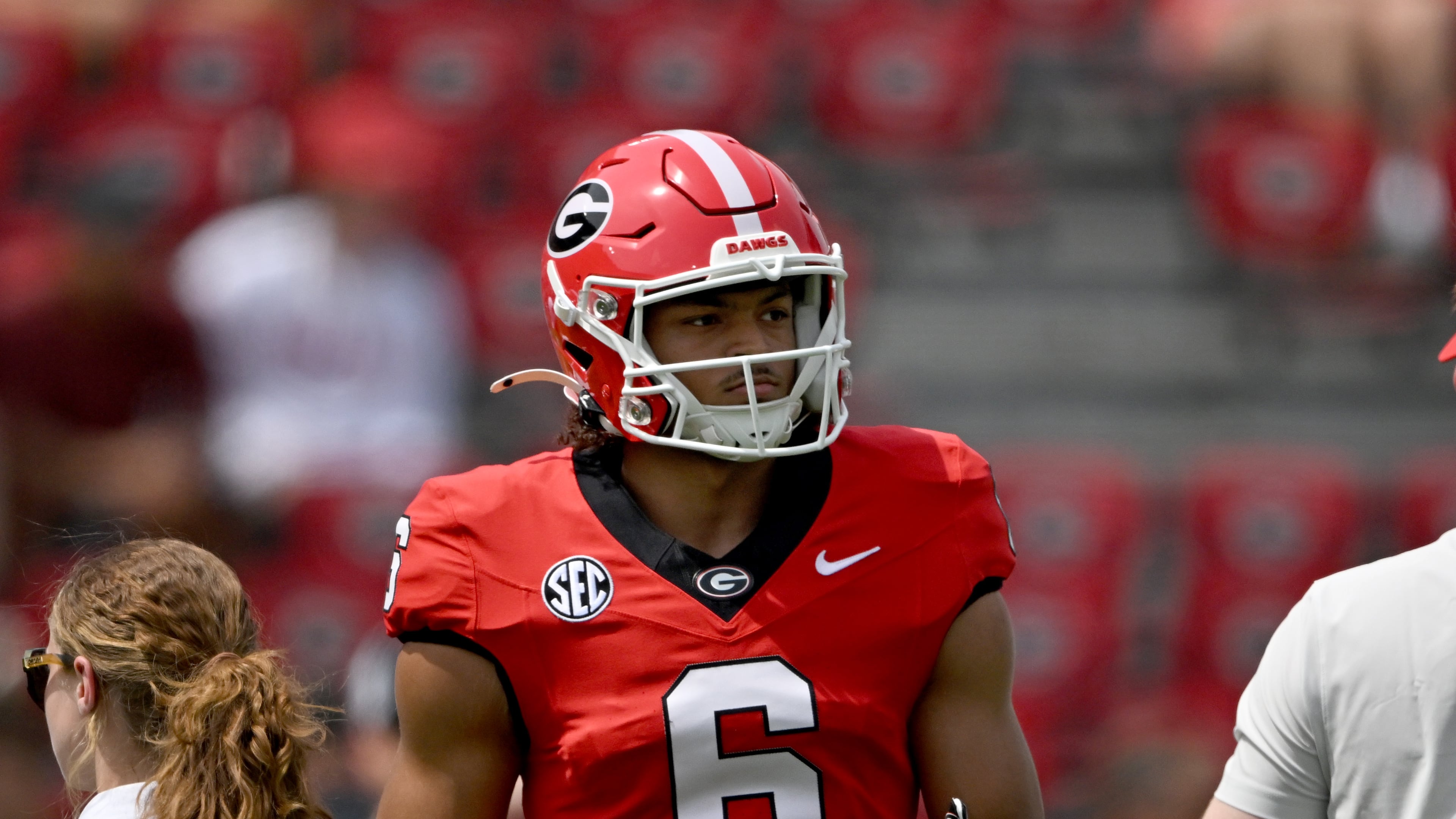 Among the goals for Georgia this offseason was to stay healthy, which the Bulldogs mostly did. Wide receiver Isiah Canion (pictured), a transfer from Georgia Tech pictured warming up before G-Day in April, missed some time with injury, but the most significant injury was transfer linebacker Amaris Williams suffering an ACL injury. (Hyosub Shin/AJC)