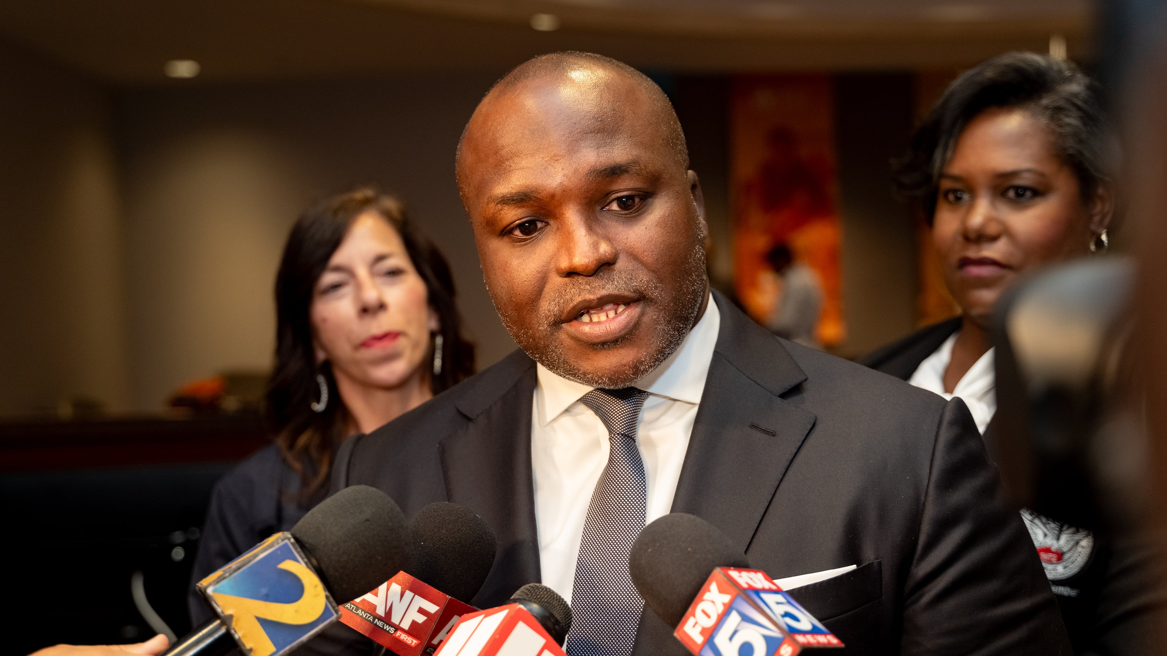 Bryan Johnson speaks to the media following his unanimous approval to be Atlanta Public Schools superintendent on Monday, July 8th, 2024. (Ben Hendren for The Atlanta Journal-Constitution)