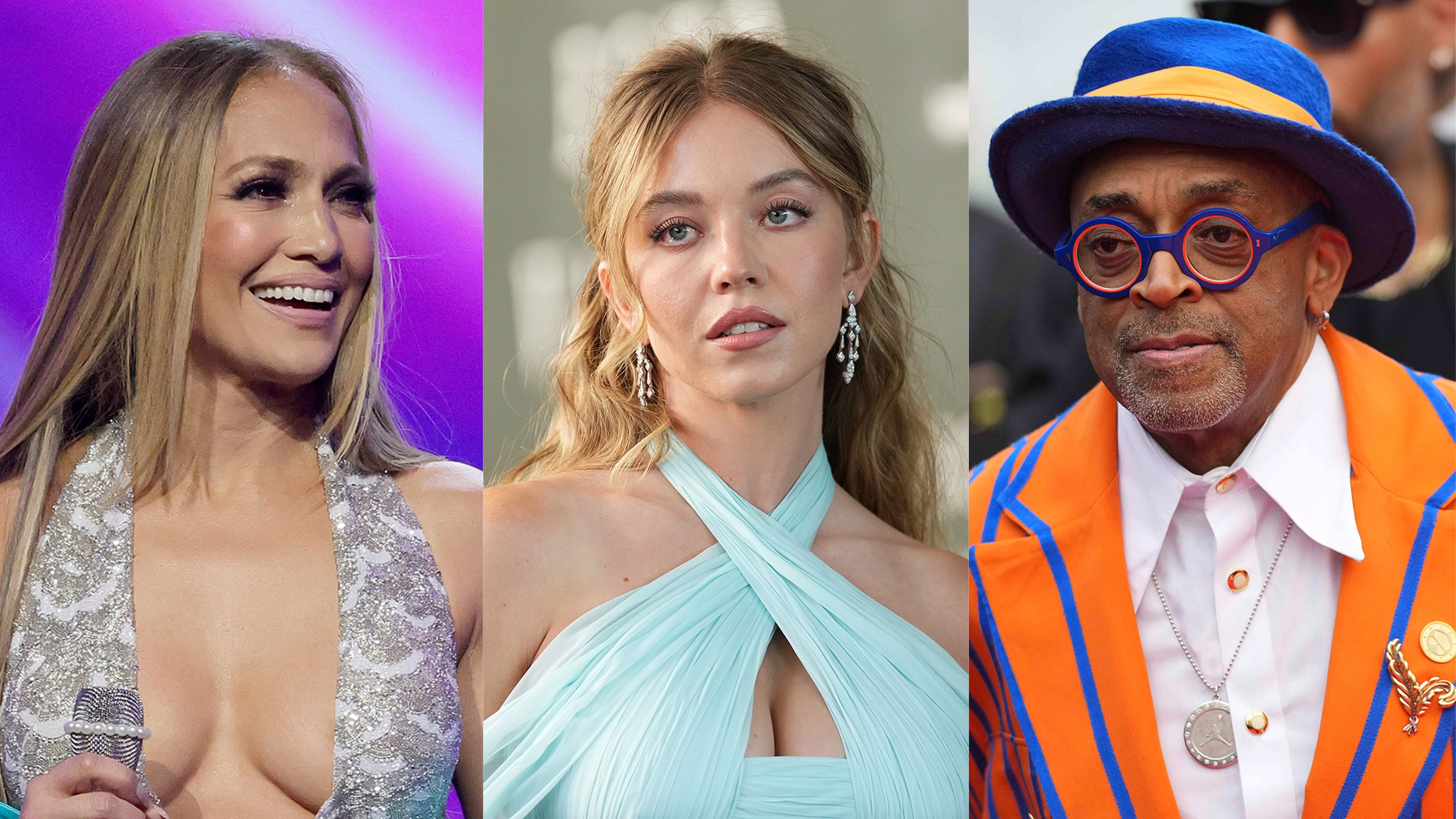 Among the honorees at the 2025 SCAD Savannah Film Festival are Jennifer Lopez (from left), pictured hosting the 2025 American Music Awards at BleauLive Theater at Fontainebleau Las Vegas; Sydney Sweeney, seen at the premiere of the film "Echo Valley" in London; and director Spike Lee, shown at the premiere of the film "Highest 2 Lowest" at Cannes. (File photo/AP and Getty).