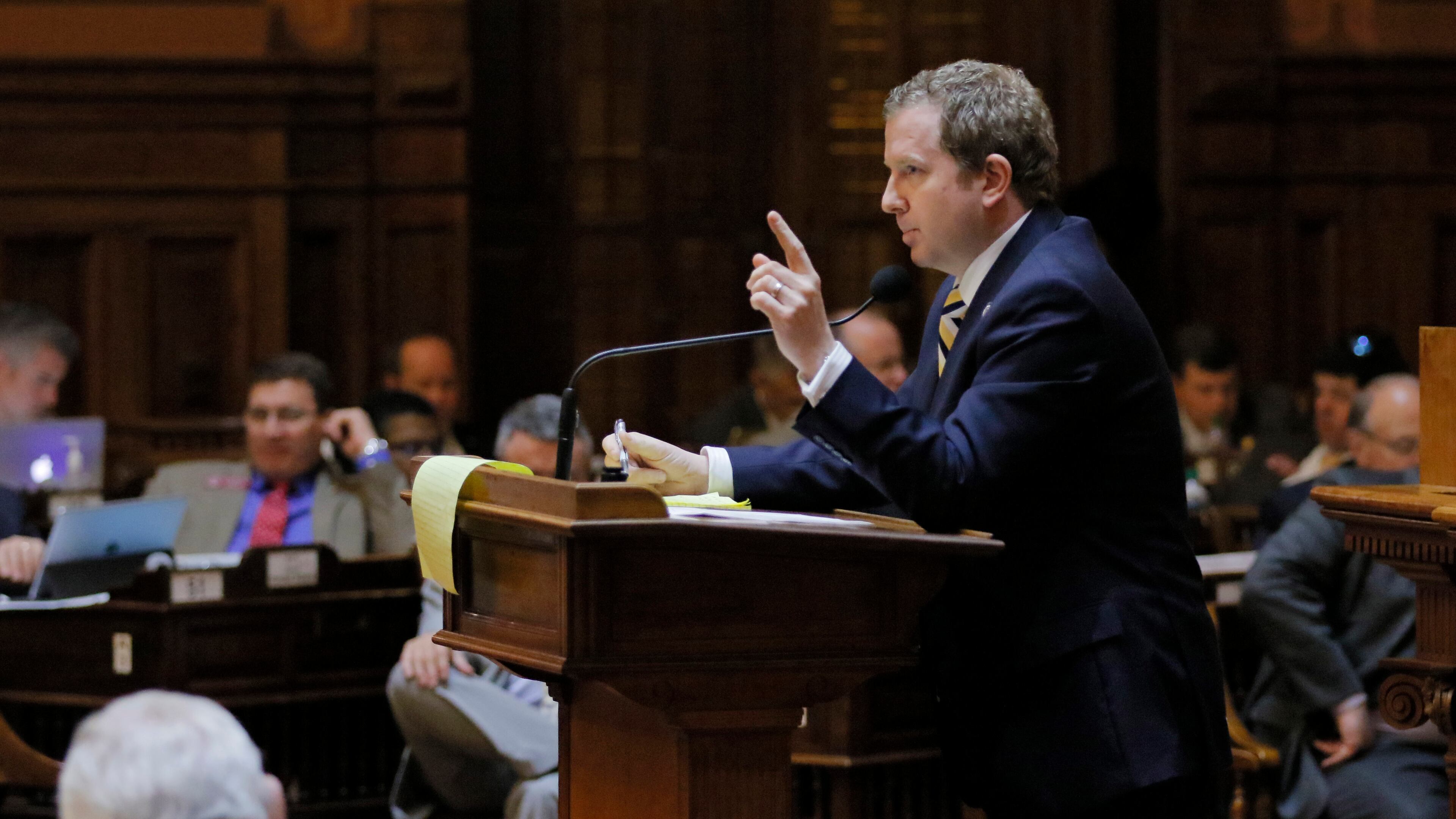 Mar. 28, 2017 - Atlanta - Rep. Bert Reeves, R - Marietta, presents SB 1. Today's legislation included a measure to allow guns onto any campus in GeorgiaÕs public college and university system, which passed the Georgia Senate, and the Houlse overwhelmingly approved a compromise that would expand the list of disorders eligible for treatment under the stateÕs nascent medical marijuana program. The 39th legislative day of the 2017 General Assembly. BOB ANDRES /BANDRES@AJC.COM