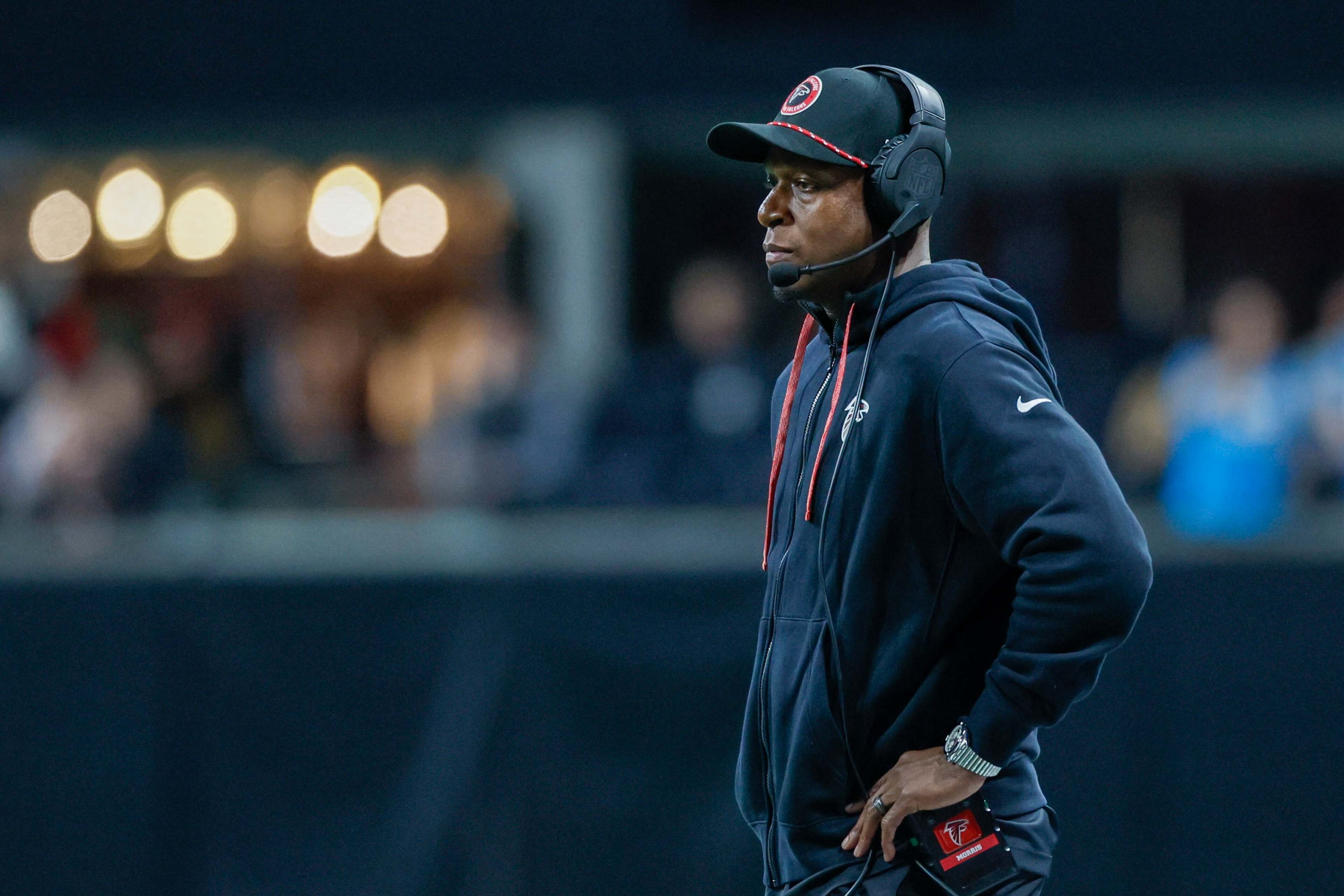 Atlanta Falcons head coach Raheem Morris watches his team fall out in overtime as they take the loss 44-38 against the Caroline Panthers on Sunday, January 5, 2025, at Mercedes-Benz Stadium in Atlanta.
(Miguel Martinez/ AJC)