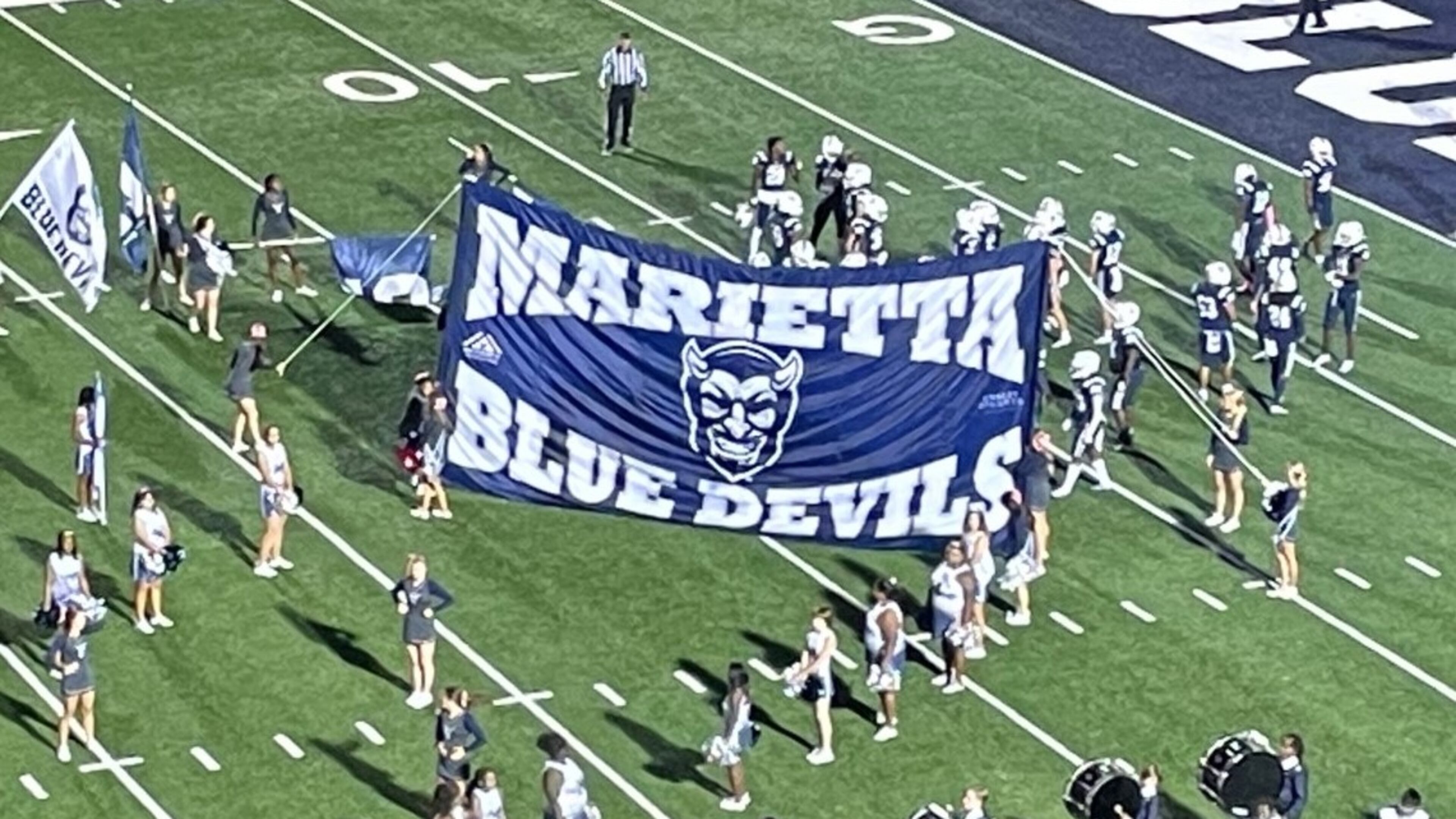 Marietta players prepare to take the field for their game against Harrison at Northcutt Stadium on Oct. 28, 2022. Marietta won 31-7 to remain in first place in Region 3-7A.