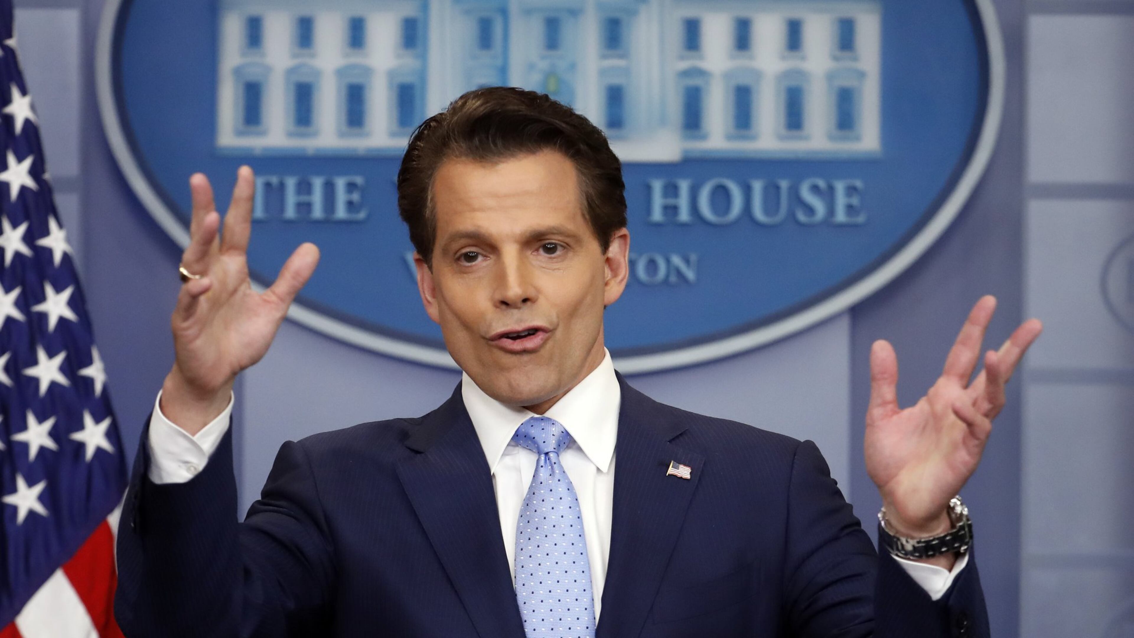 In this July 21, 2017 photo, White House communications director Anthony Scaramucci speaks to members of the media in the Brady Press Briefing room of the White House in Washington. (AP Photo/Pablo Martinez Monsivais)