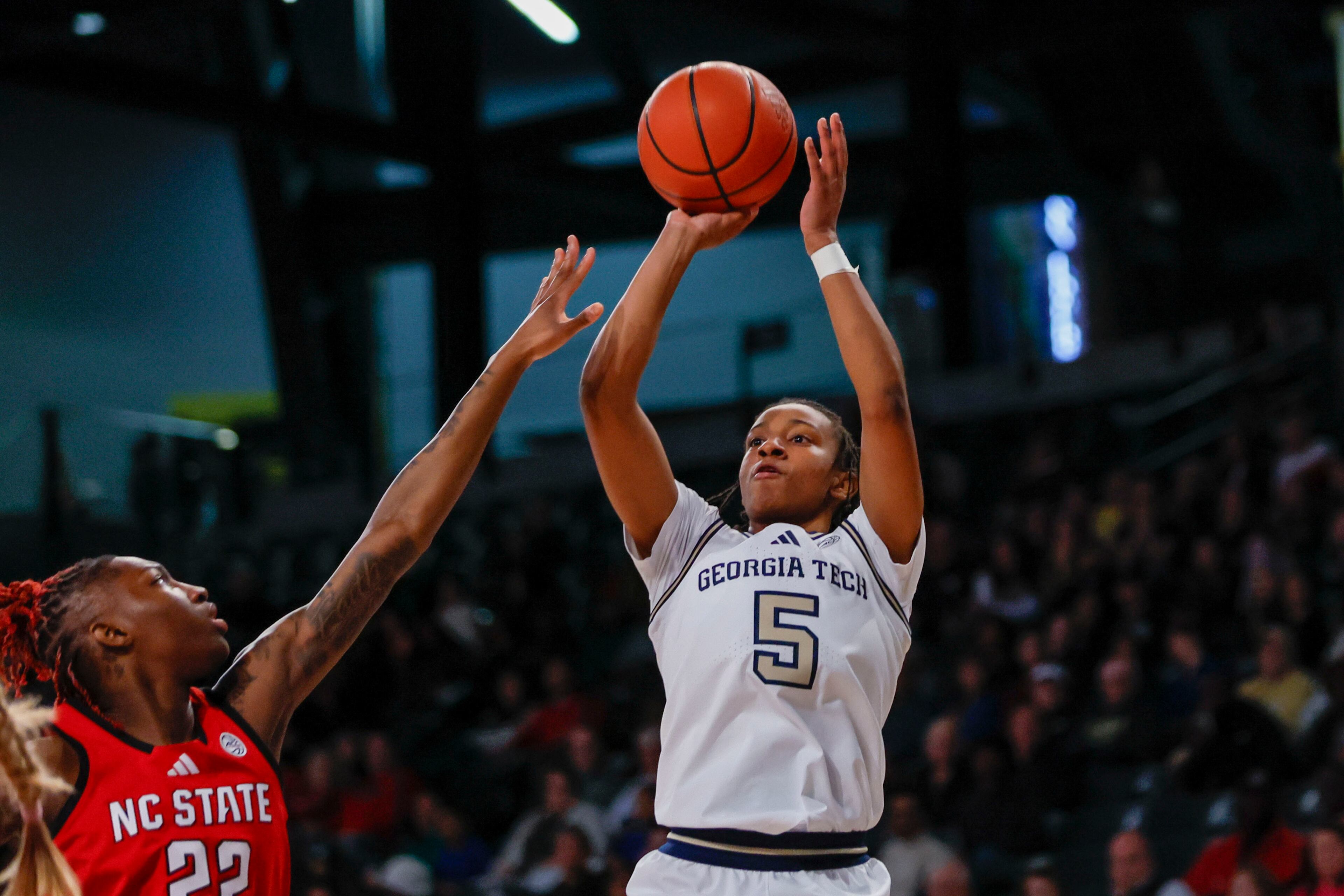 Georgia Tech Yellow Jackets guard Tonie Morgan (5) shoots during the second half against NC State Wolfpack at McCamish Pavilion on Thursday, February 20, 2025, in Atlanta.
(Miguel Martinez/ AJC)