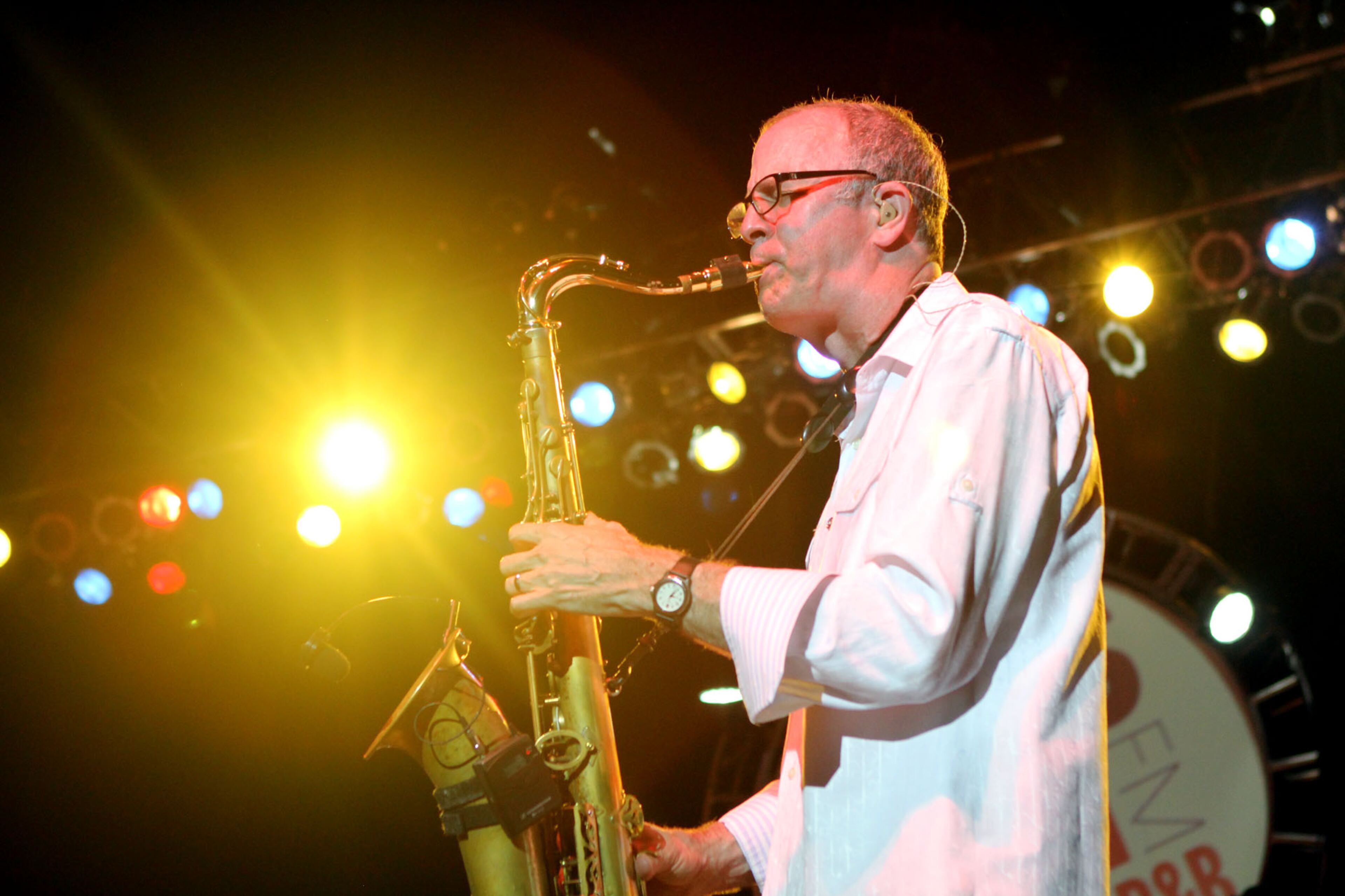 AWB saxophonist Fred Vigdor plays with the distinctive funky horn sound that the AWB are known for while playing one of their biggest hits, "Pick up the Pieces," at the 2013 Flashback Festival at Aaron's Amphitheatre at Lakewood in Atlanta on Saturday.