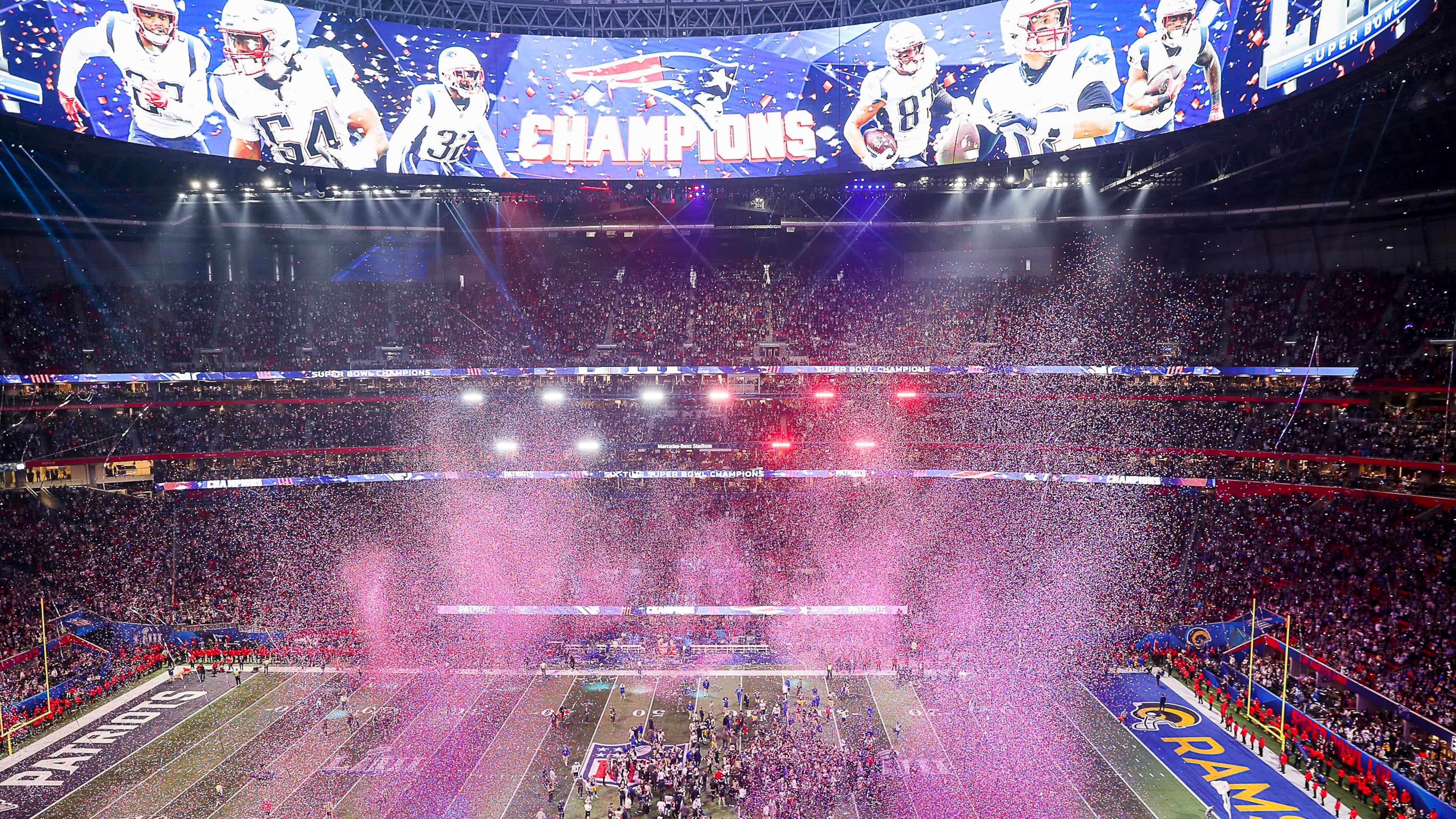 Confetti falls in Mercedes-Benz Stadium after the the New England Patriots beat the Los Angeles Rams in the Super Bowl on Feb. 3.
