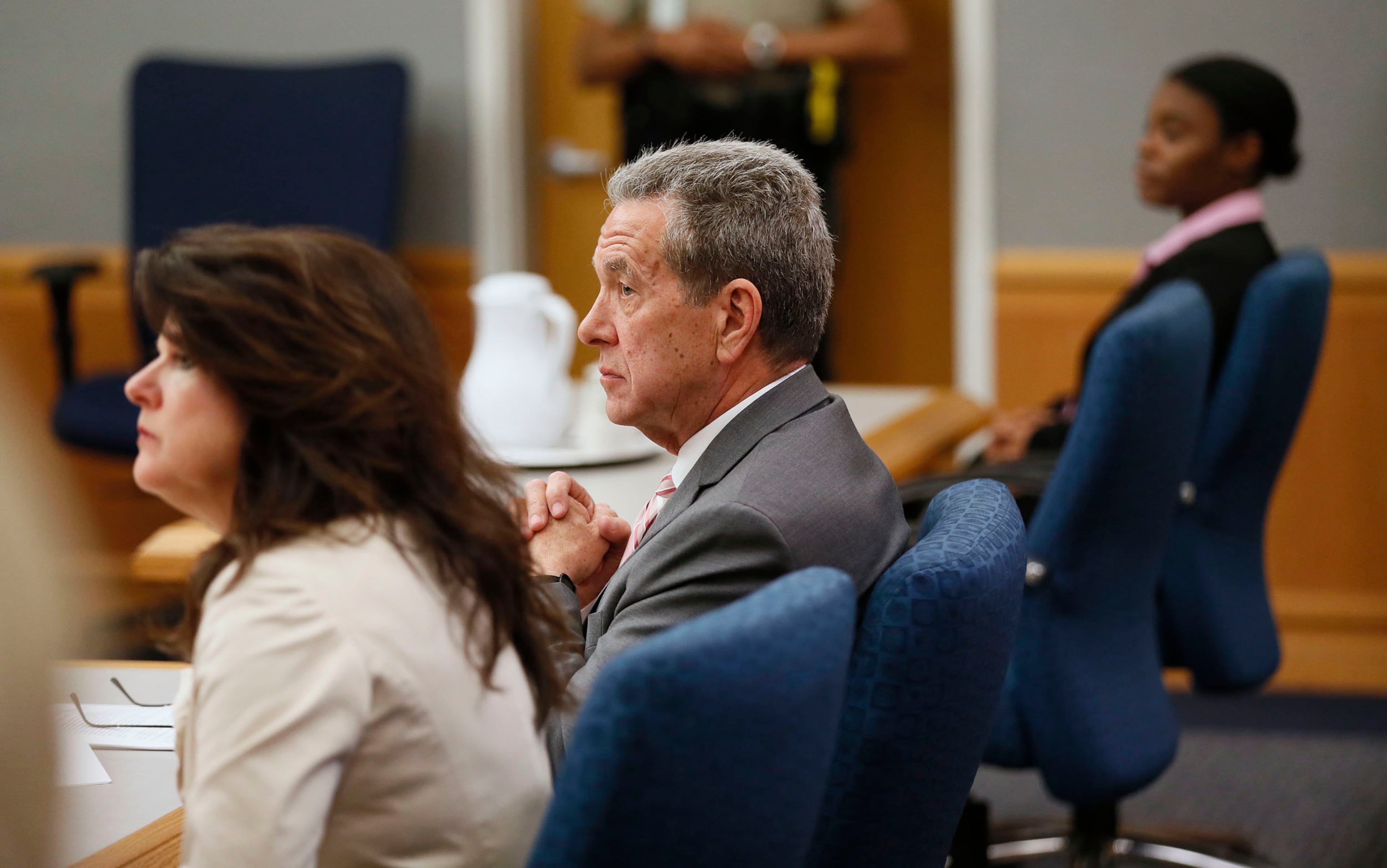 April 30, 2019 - Lawrenceville - Assistant district attorney Lisa Jones (from left), district attorney Danny Porter and Tiffany Moss watch as the jury is polled about the verdict. The jury in the Tiffany Moss murder trial today sentenced her to death after they found Moss, who is representing herself, guilty of intentionally starving her 10-year-old stepdaughter Emani to death in the fall of 2013, in addition to other charges. The prosecution is asking for the death penalty. Bob Andres / bandres@ajc.com