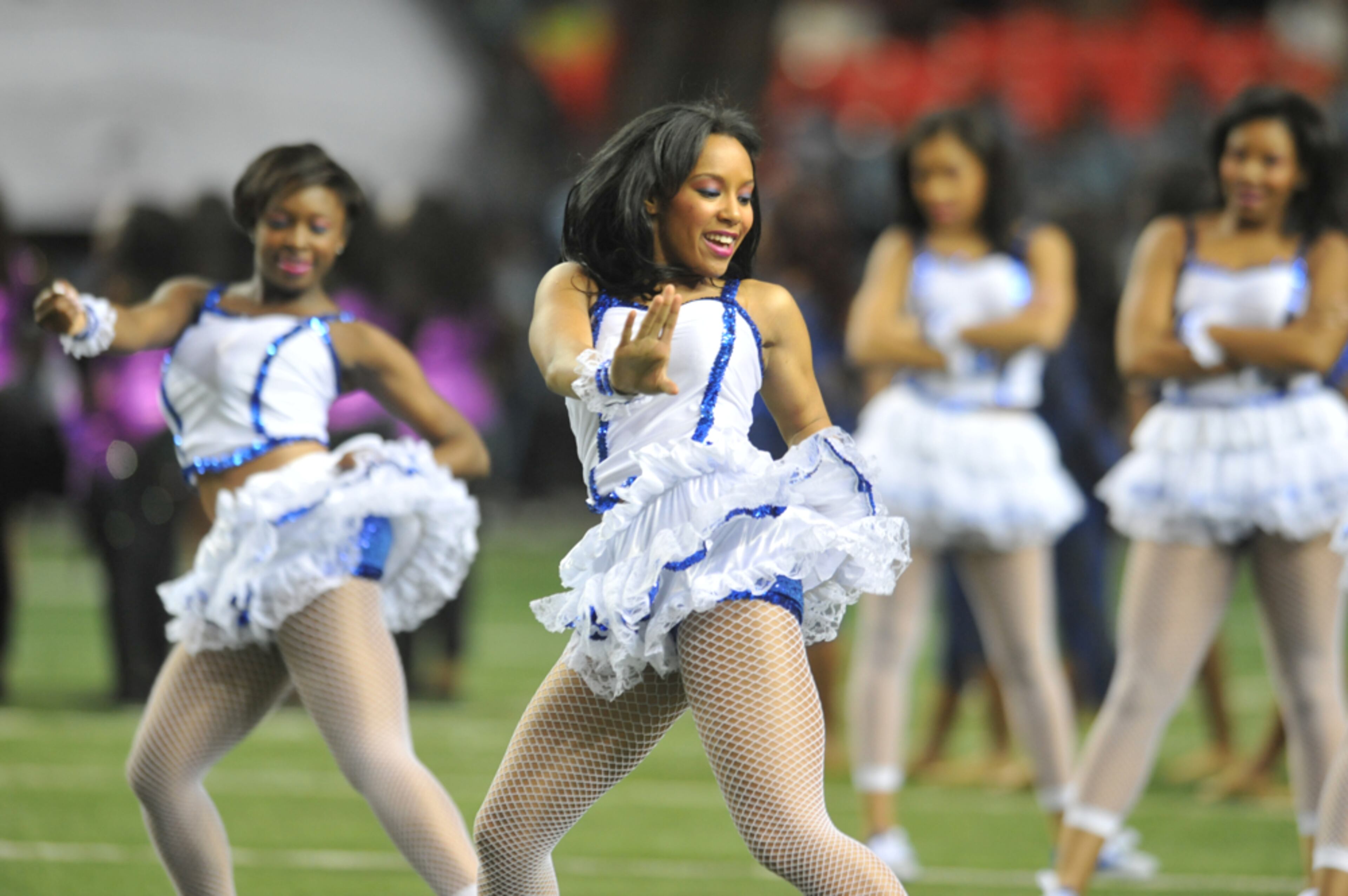 Members of the Prancing J-Settes of Jackson State University's "Sonic Boom of the South" band perform.