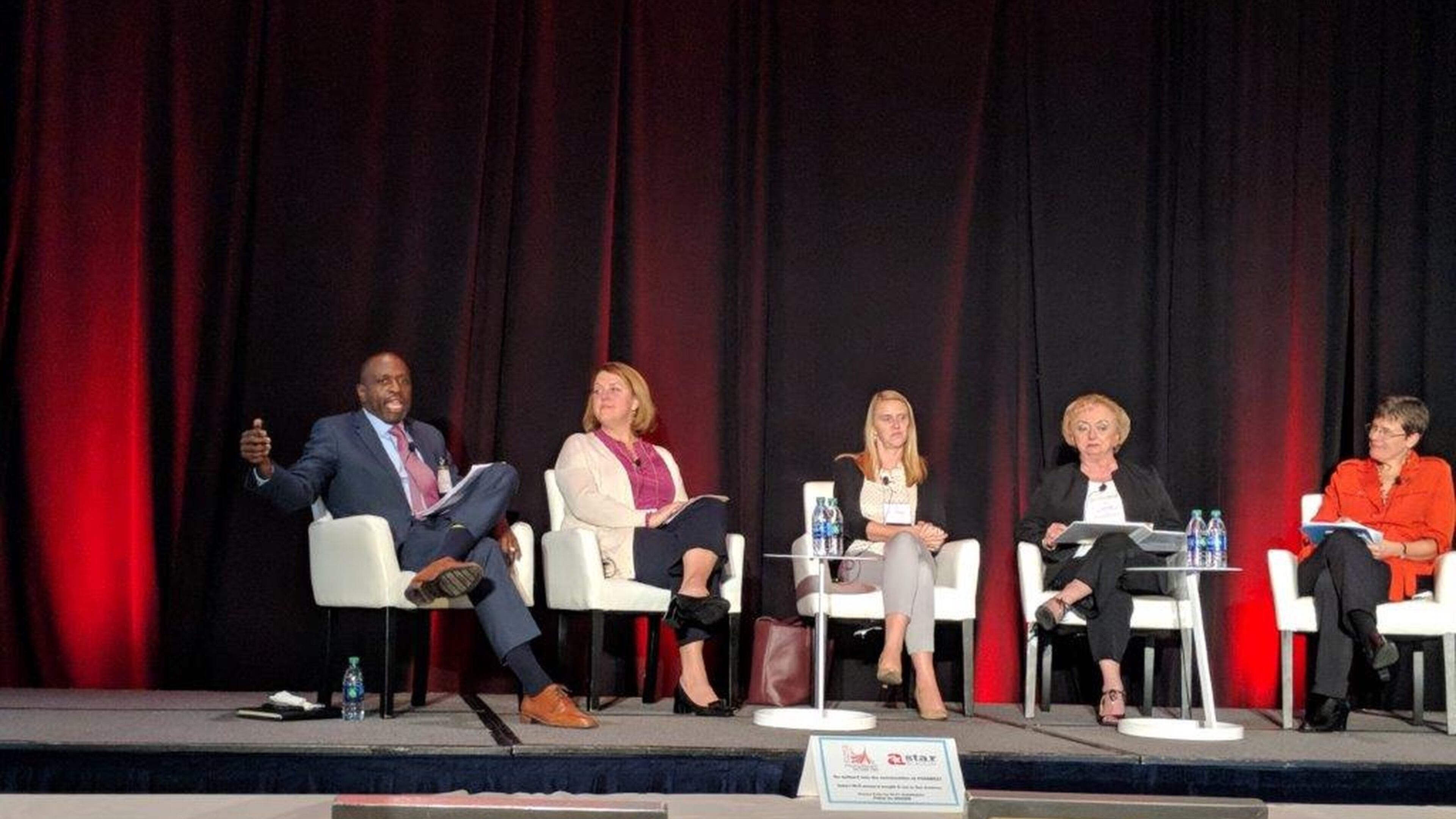 Eric Thomas (left), on a Nov. 2 panel at the National Association of State Boards of Education conference in Atlanta. With him, from left: Susan Bowles Therriault, American Institutes for Research; Erica Champagne, Massachusetts Department of Elementary and Secondary Education; Carey Wright, Mississippi schools superintendent; and moderator Ann Duffy, with consultant Education First.