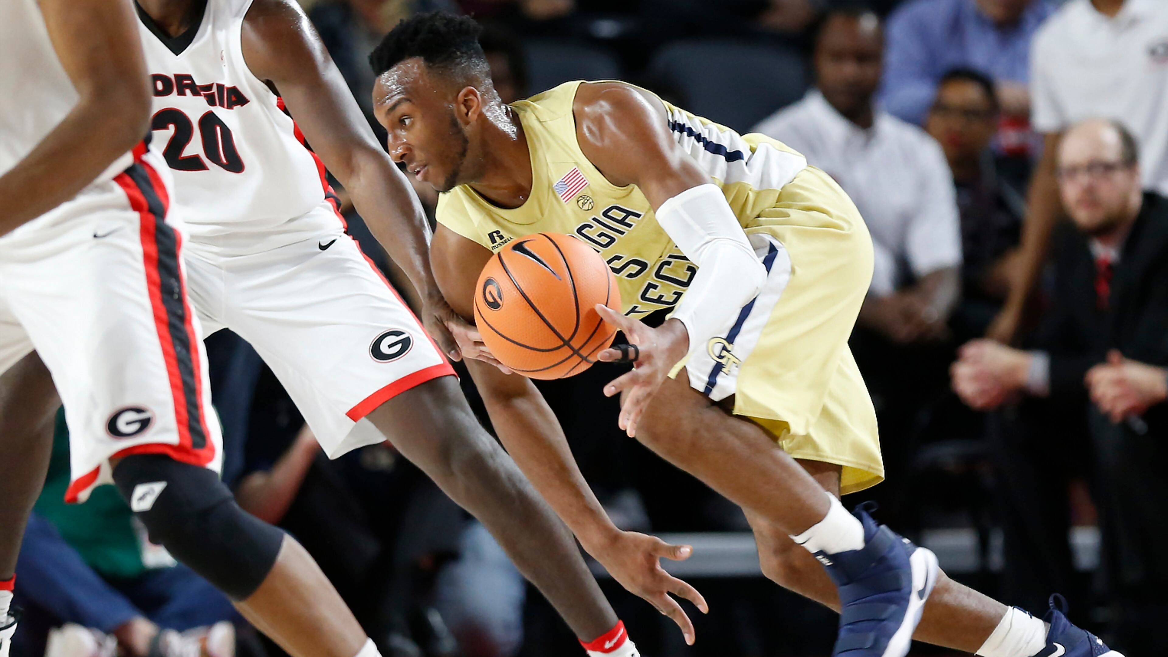 Georgia Tech guard Josh Okogie (5) drives towards the basket during the first half of an NCAA basketball game against Georgia, Tuesday, Dec. 19, 2017 in Athens, Ga. (Joshua L. Jones/Athens Banner-Herald via AP)
