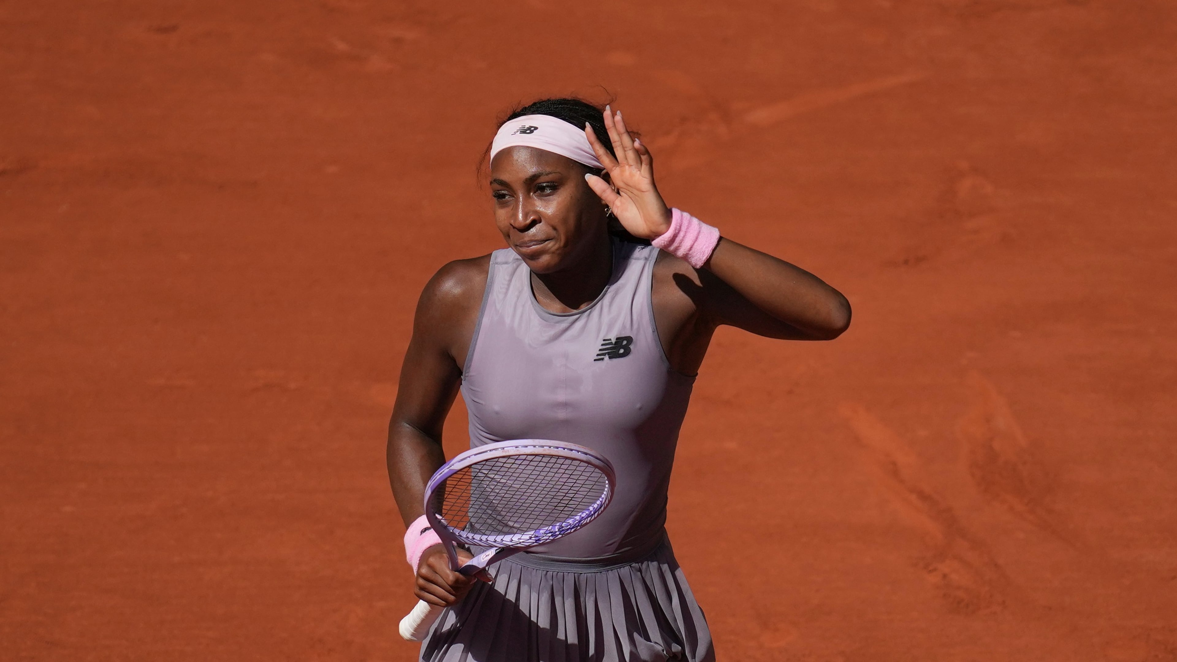 Coco Gauff of the U.S. celebrates after winning against Taylor Townsend of the U.S. during their first round women's singles tennis match at the French Open tennis tournament in Paris, Tuesday, May 26, 2026. (AP Photo/Christophe Ena)