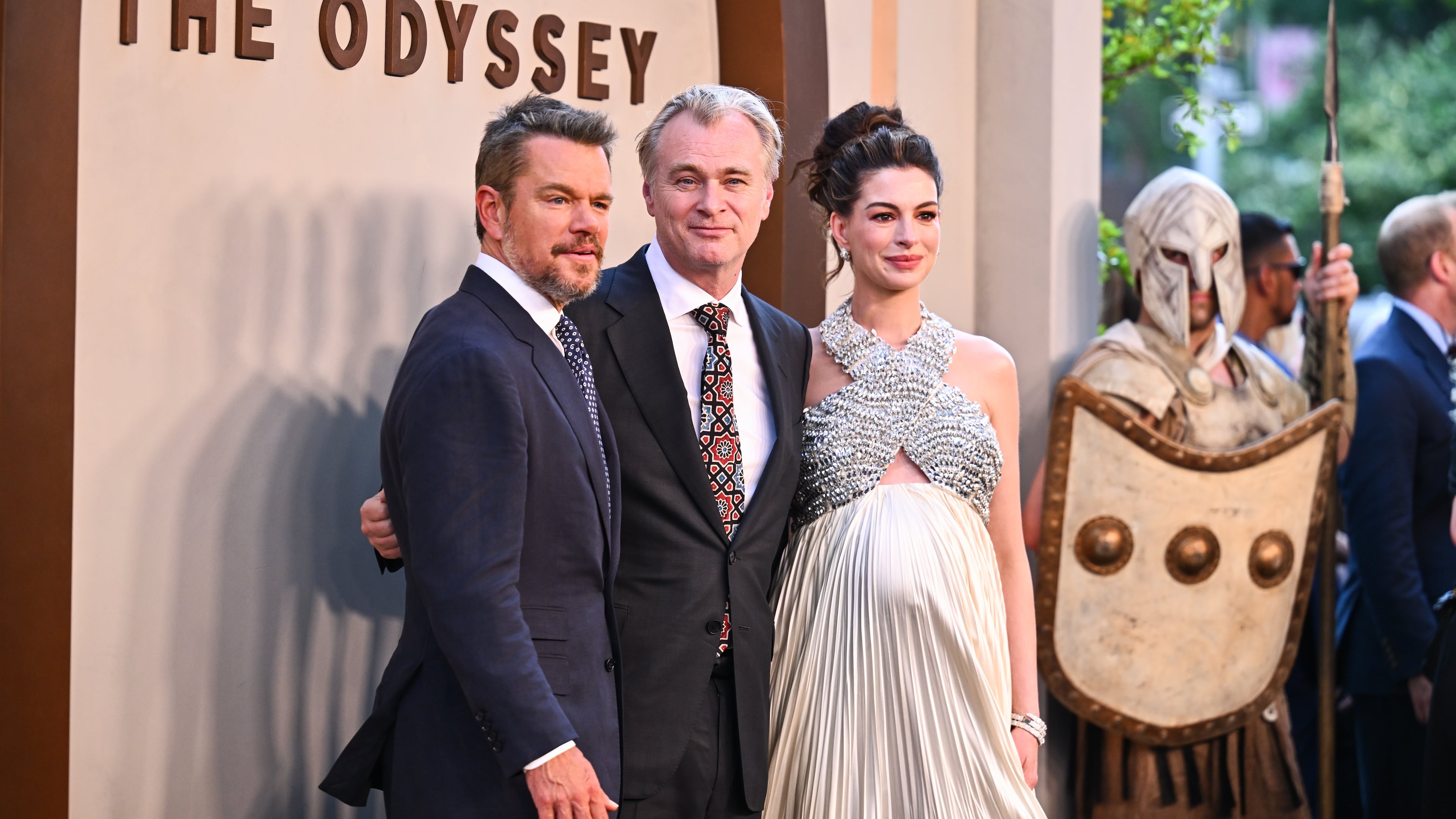 Matt Damon, from left, director Christopher Nolan, and Anne Hathaway attend the premiere of "The Odyssey" at AMC Lincoln Square on Tuesday, July 14, 2026, in New York. (Photo by Evan Agostini/Invision/AP)