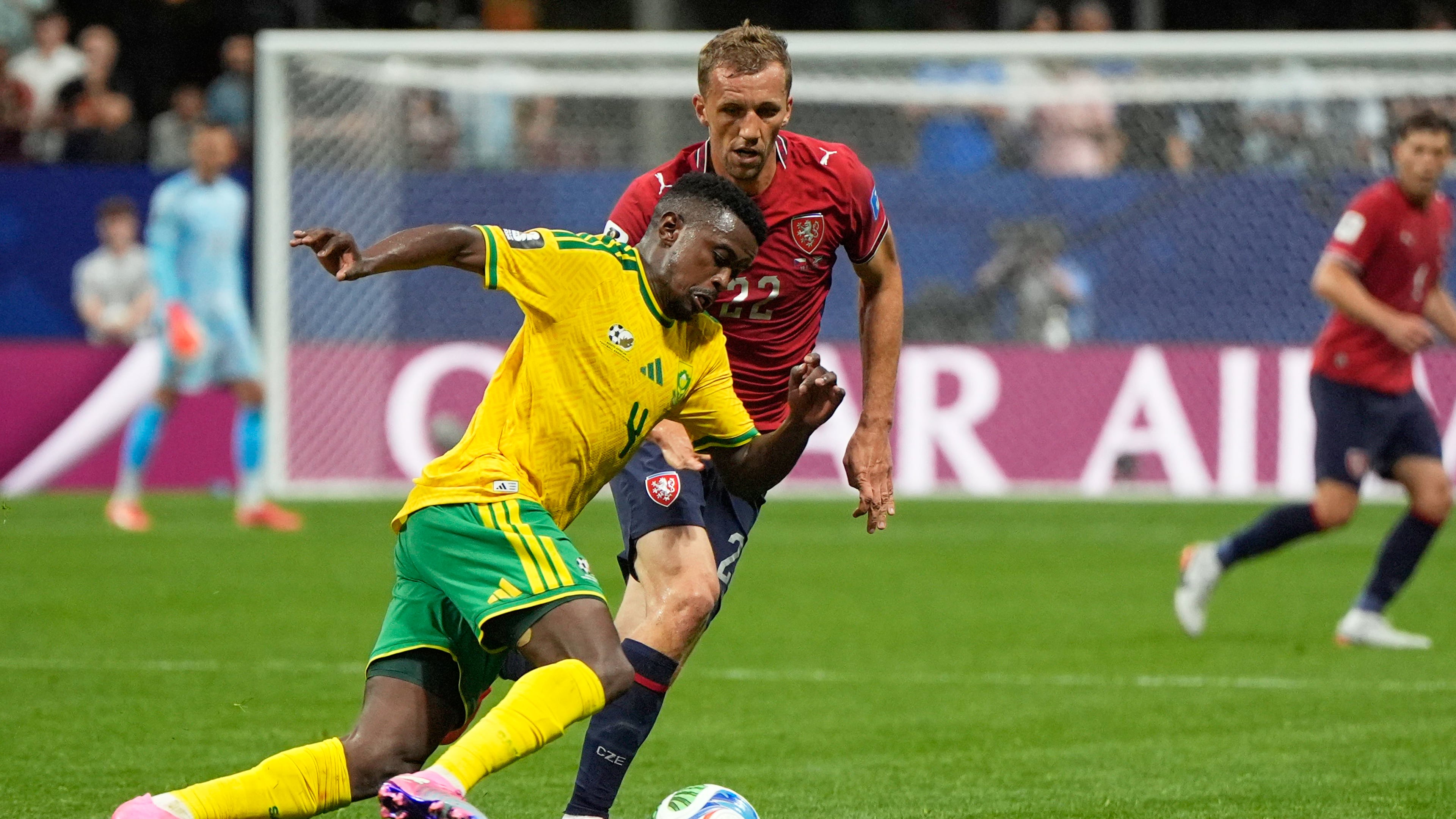 South Africa’s Teboho Mokoena (left) drives the ball past Czechia’s Tomas Soucek during their World Cup match on Thursday, June 18, 2026, in Atlanta. (Mike Stewart/AP)