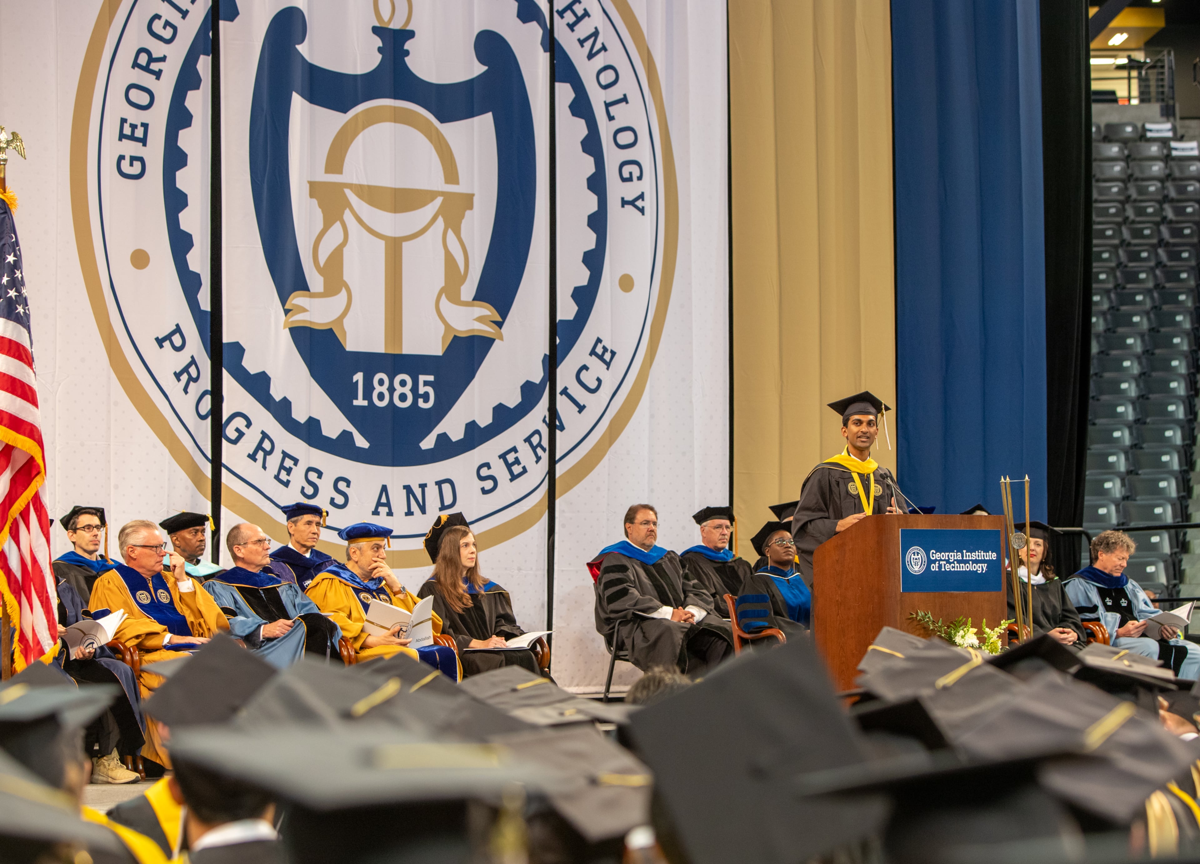Ritvik Ramakrishnan provides the Reflection at Georgia Tech’s graduation at McCamish Pavilion on Saturday, May 4, 2024. (Jenni Girtman for The Atlanta Journal-Constitution)