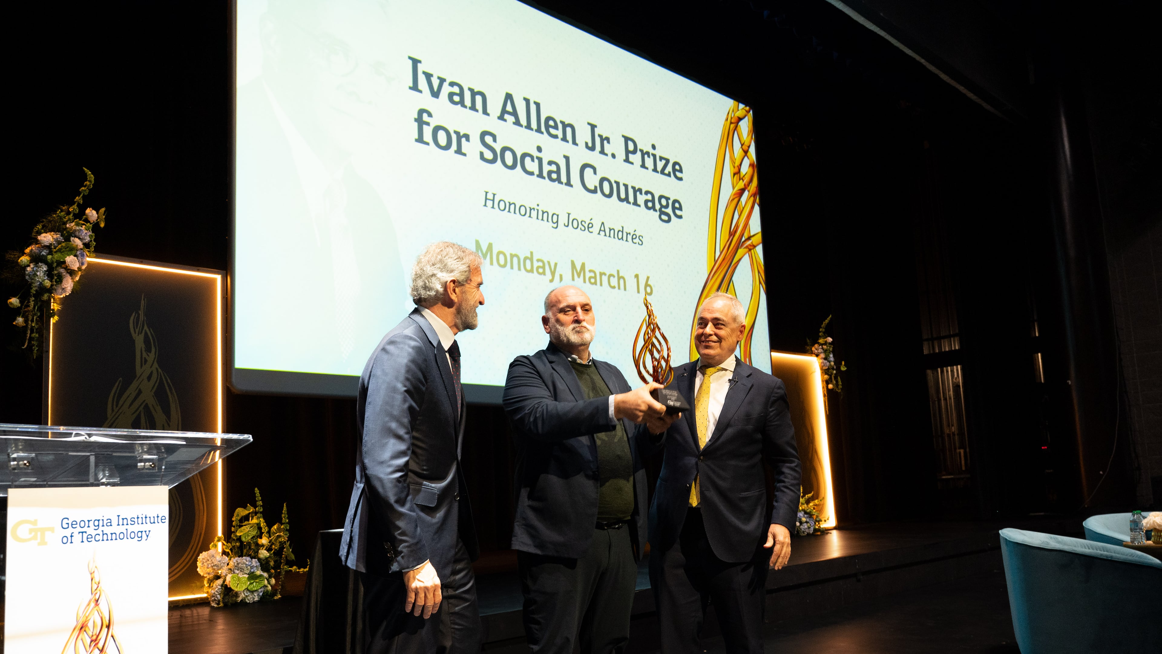 (From left): Jon Riberas, chairman of Gonvarri Steel Industries; Jose Andres, chef and founder of World Central Kitchen; and Angel Cabrera, president of Georgia Tech pose at a ceremony honoring Andres with the Ivan Allen Jr. Prize. (Courtesy of Georgia Tech)