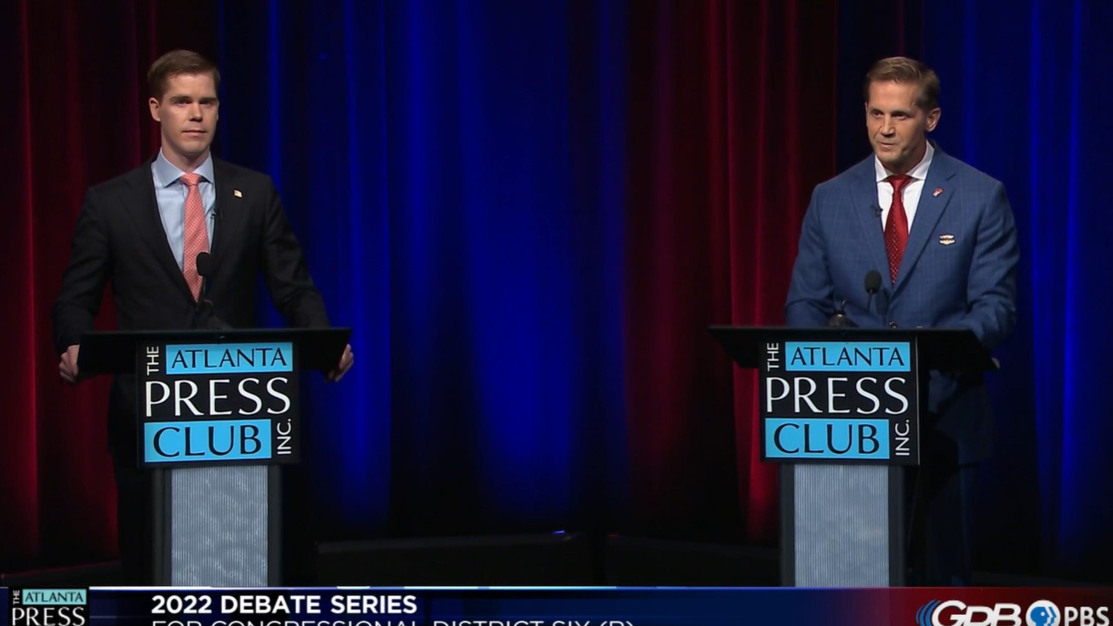 Attorney Jake Evans (left) and emergency room physician Rich McCormick participate in the Atlanta Press Club debate ahead of the Republican runoff in Georgia's 6th Congressional District. Screenshot of Georgia Public Broadcasting livestream.