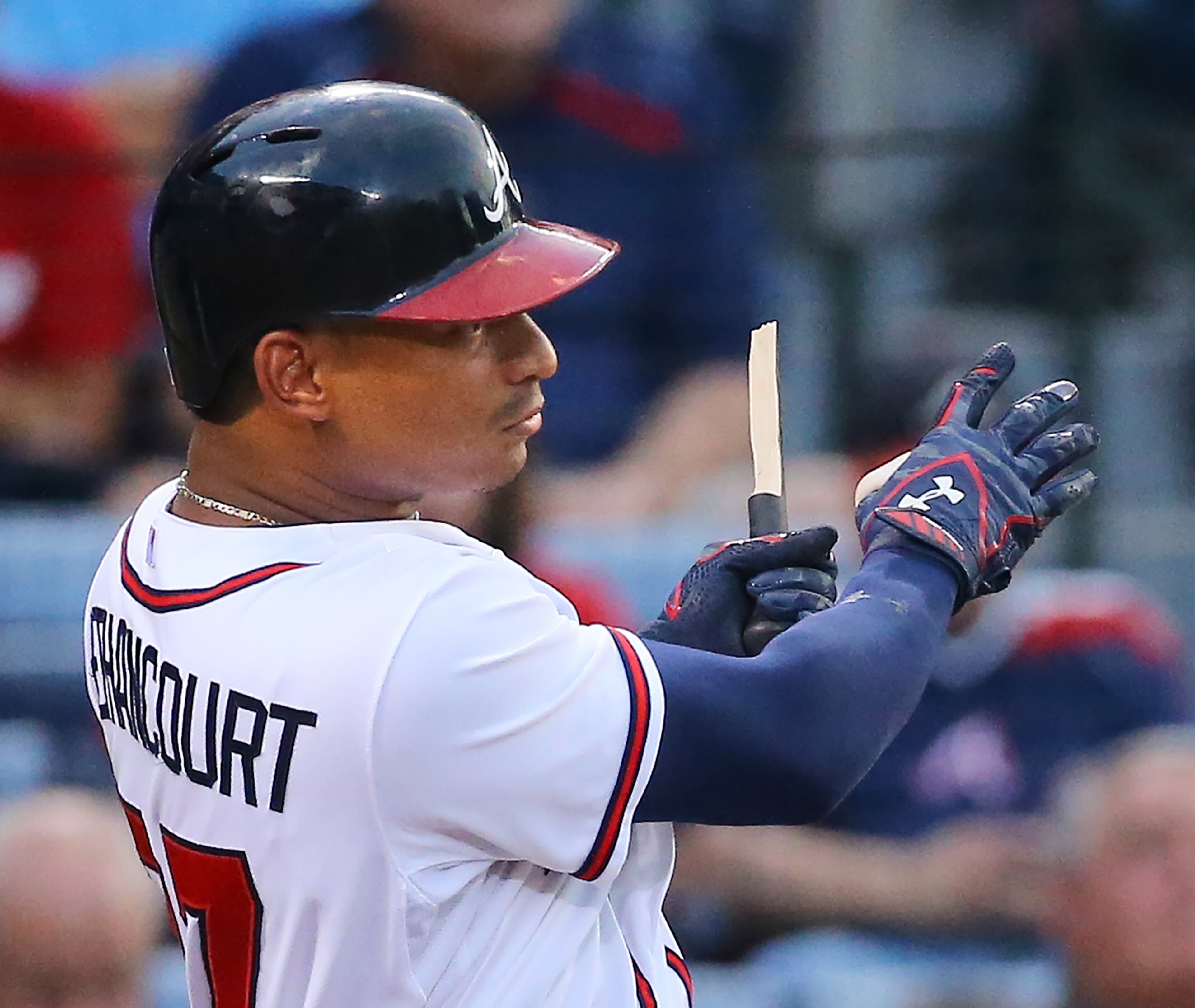 Braves Christian Bethancourt hits a broken bat grounder for an RBI to take a 1-0 lead over the Rockies, but he was thrown out at first on the play during the second inning in a baseball game on Wednesday, August 26, 2015, in Atlanta. Curtis Compton / ccompton@ajc.com