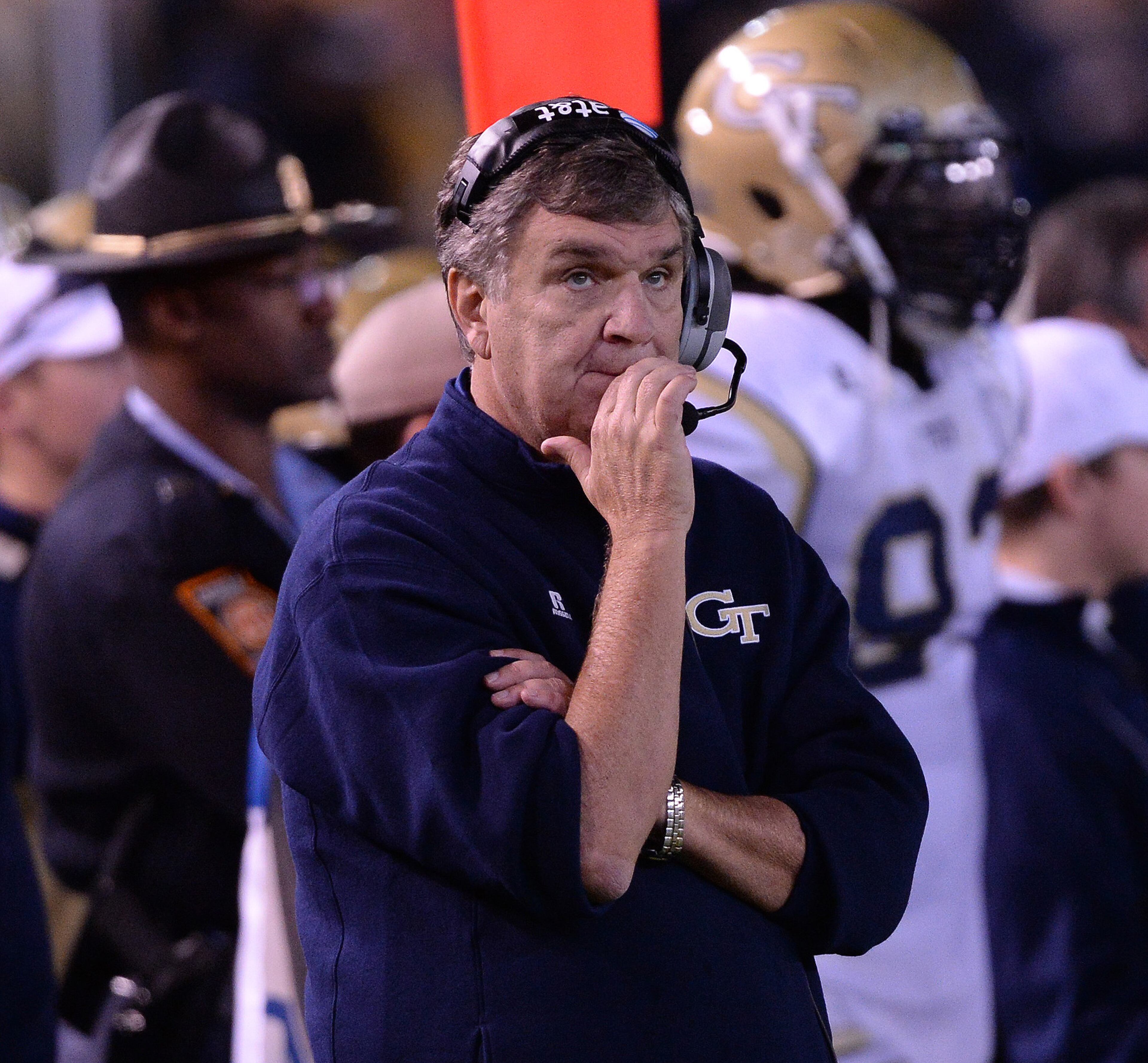 Georgia Tech coach Paul Johnson looks at the giant replay screen inside Bobby Dodd Stadium on Saturday, November 2, 2013. Georgia Tech won the game 21 to 10. JOHNNY CRAWFORD / JCRAWFORD@AJC.COM