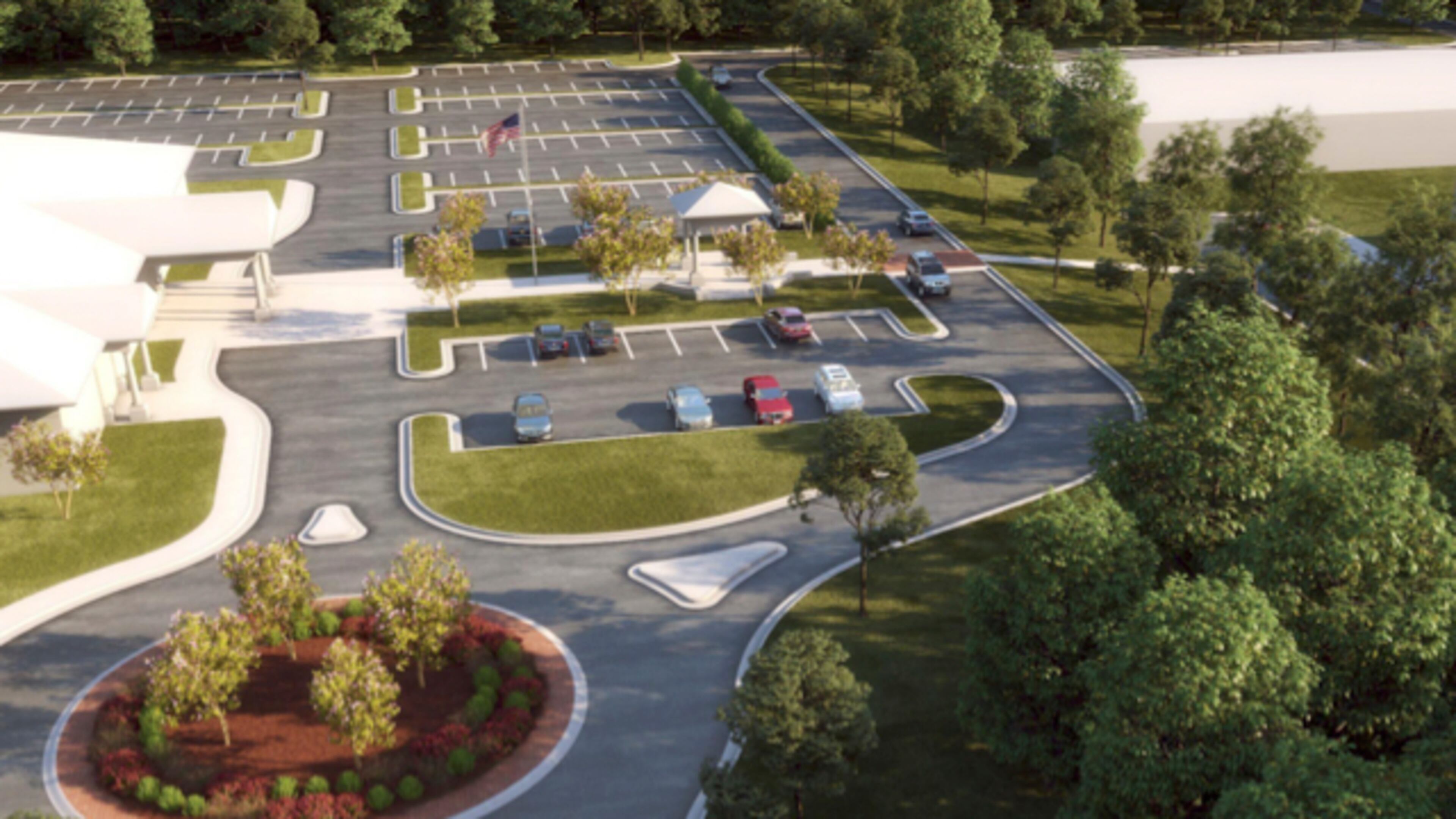 A preliminary concept drawing shows how a road between the library and the new city hall in Fayetteville would provide access but discourage cut-throughs. Courtesy Fayette County