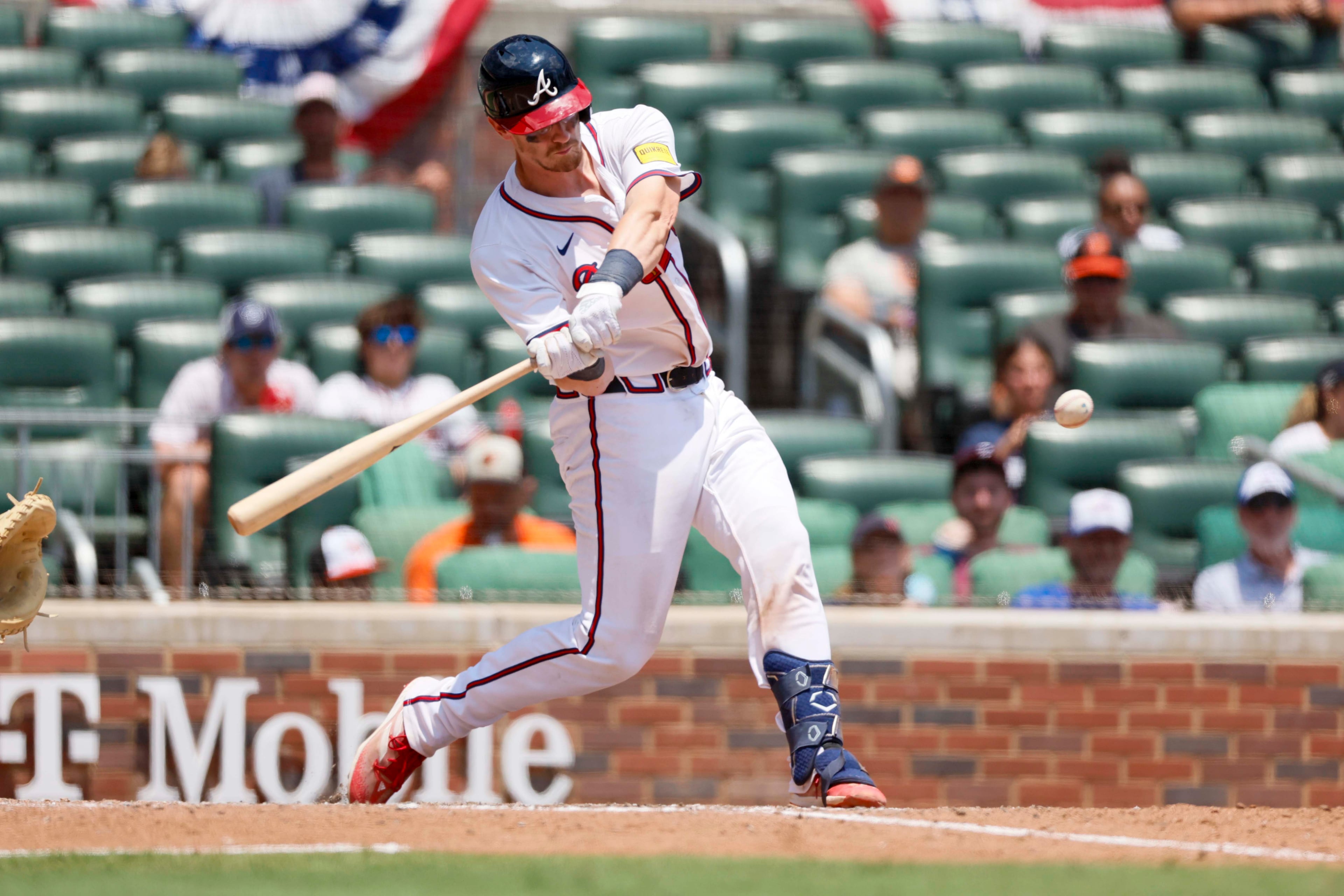 Atlanta Braves shortstop Nick Allen (2) connects the ball for a solo home run during the ninth inning against the Baltimore Orioles at Truist Park on Sunday, July 6, 2025, in Atlanta.
(Miguel Martinez/ AJC)